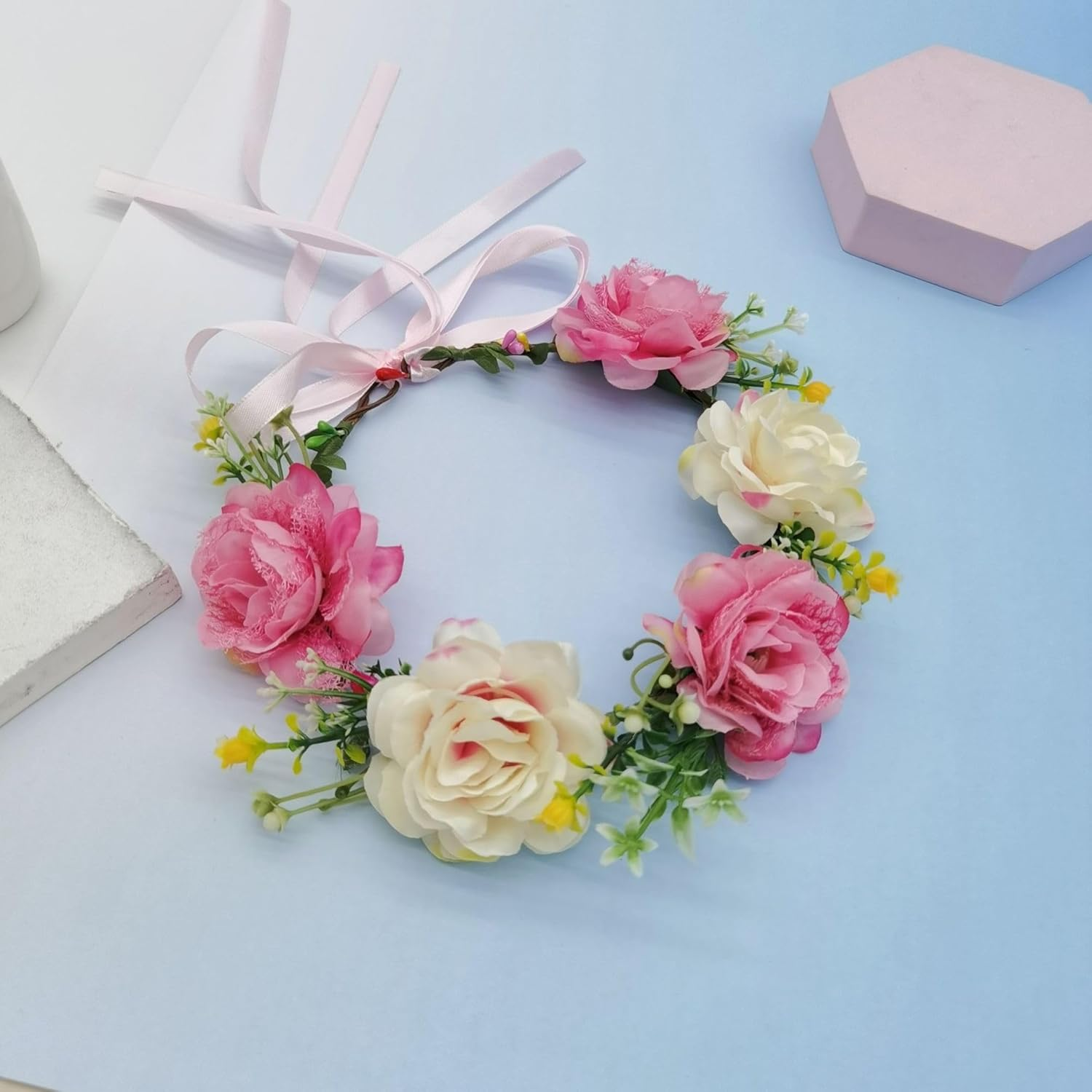 Flower Crown Headband, Delicate Flower Headband Flower Crown with Ribbon for Women Girls image number 2