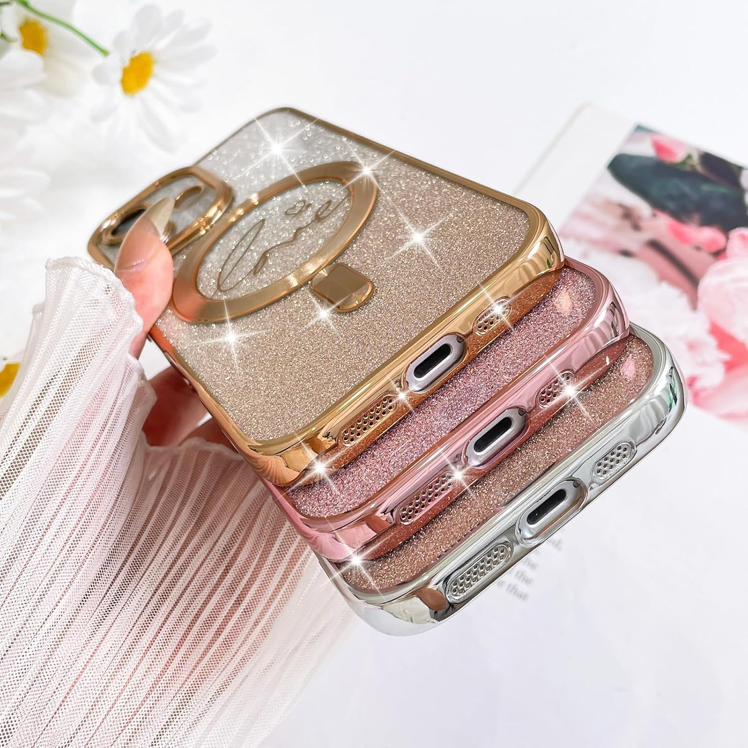 ELEPIK for Iphone 17 Case with Camera Protector, [Full Camera Cover Protection] [Compatible with Magsafe] [Love Heart Plating] [Glitter Bling Plating] Clear Magnetic Slim Phone Case, Gold image number 7