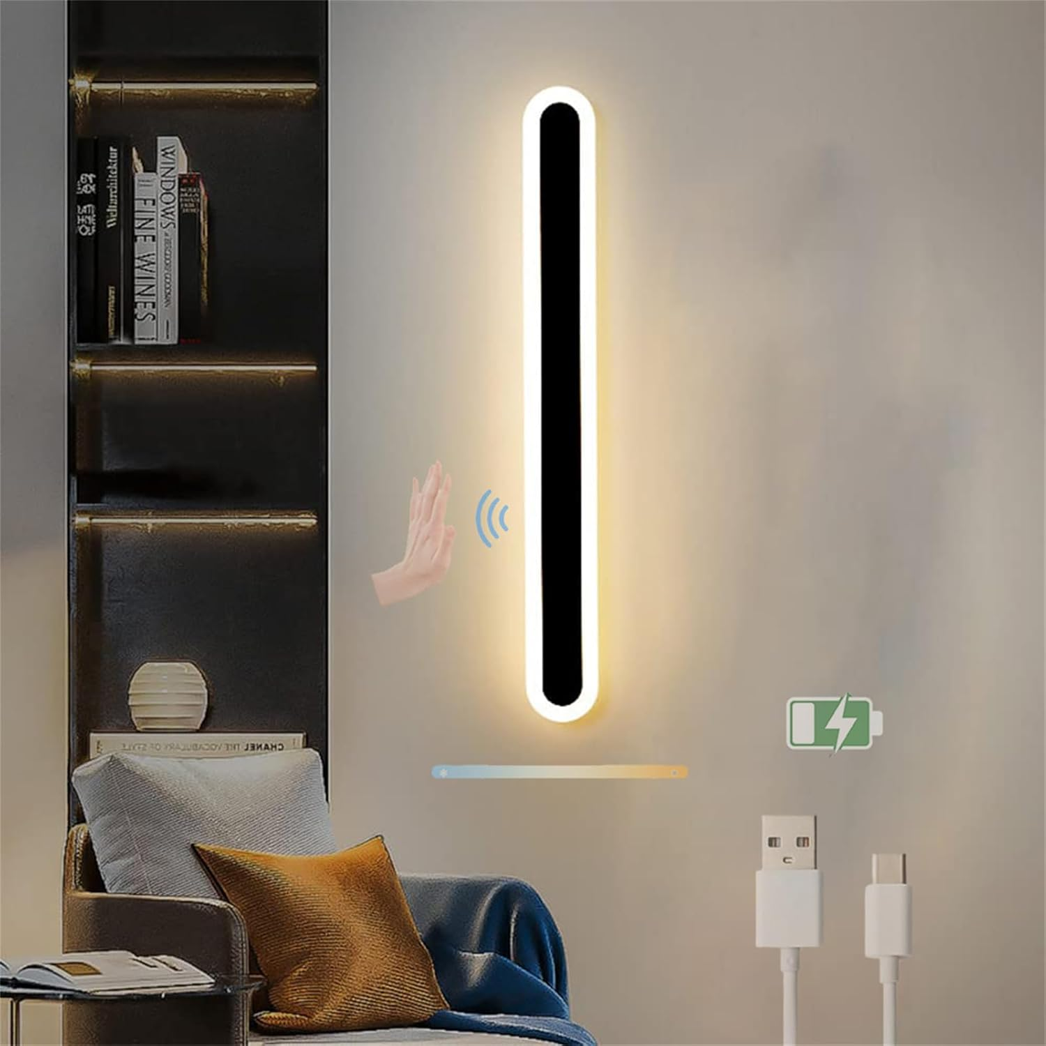 LED Wall Lamp Indoor with Hand Sweep Motion Sensor Wall Sconces Dimmable Tricolor 2700K-6500K Wall Light USB Rechargeable Battery Powered Wall Lighting Modern Iron Acrylic for Bedroom (White,40Cm)