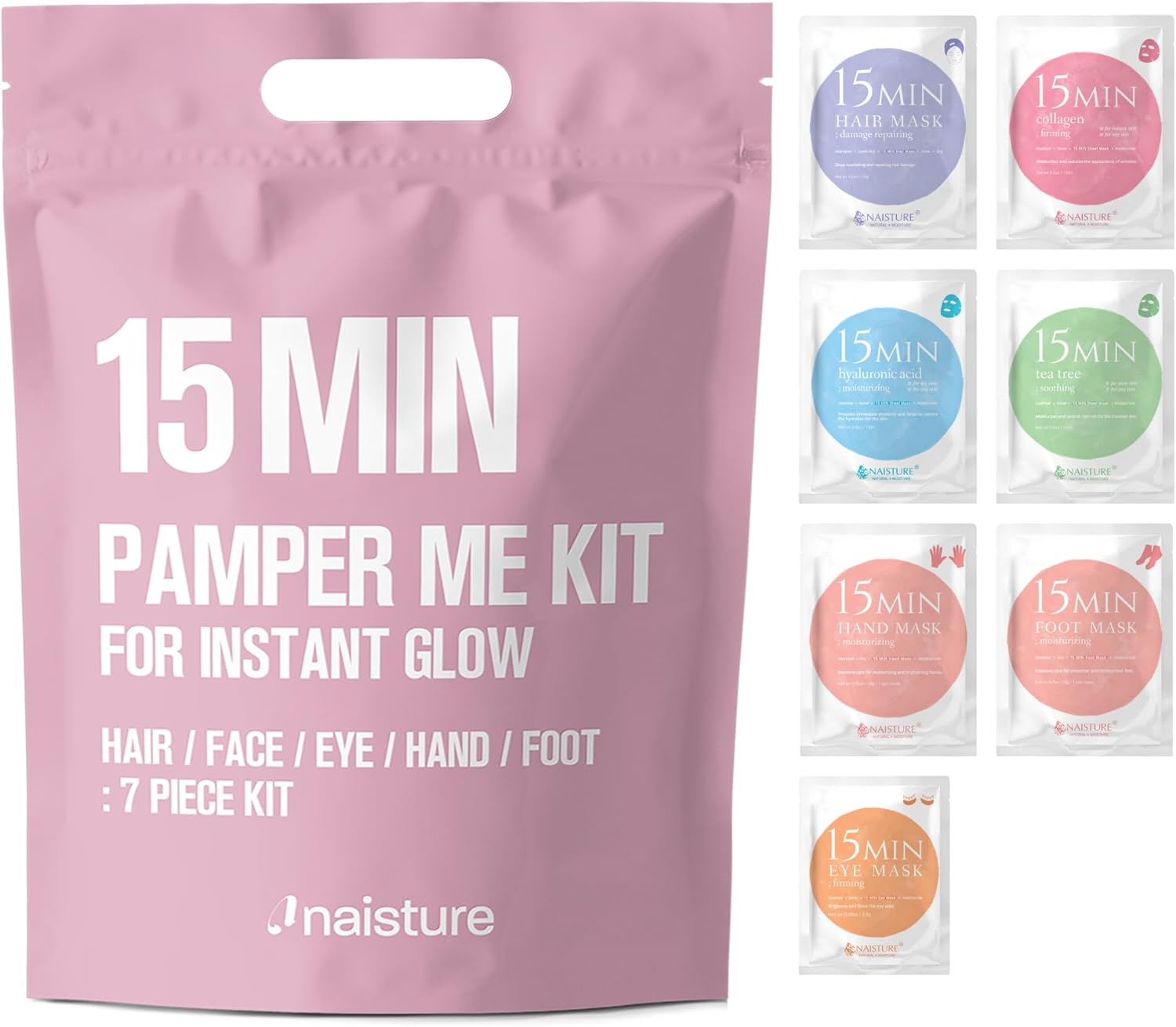 15 Min Pamper Me Kit by Naisture &ndash; Korean Spa Kit for Women with Hair Mask, Hand and Foot Masks, Eye Mask, and Face Masks