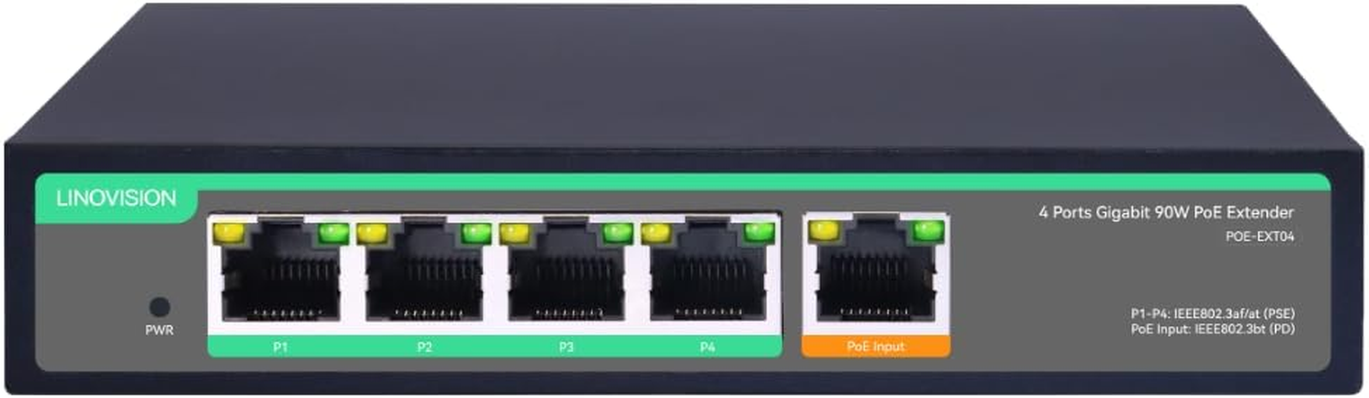 LINOVISION 4 Ports Gigabit Poe Passthrough Switch and Poe Extender with 60W POE Input, Ieee802.3Af/At/Bt Poe Repeater, 1 in 4 Out POE Bosster, Poe Powed Switch for IP Cameras, IP Phone, Wireless AP