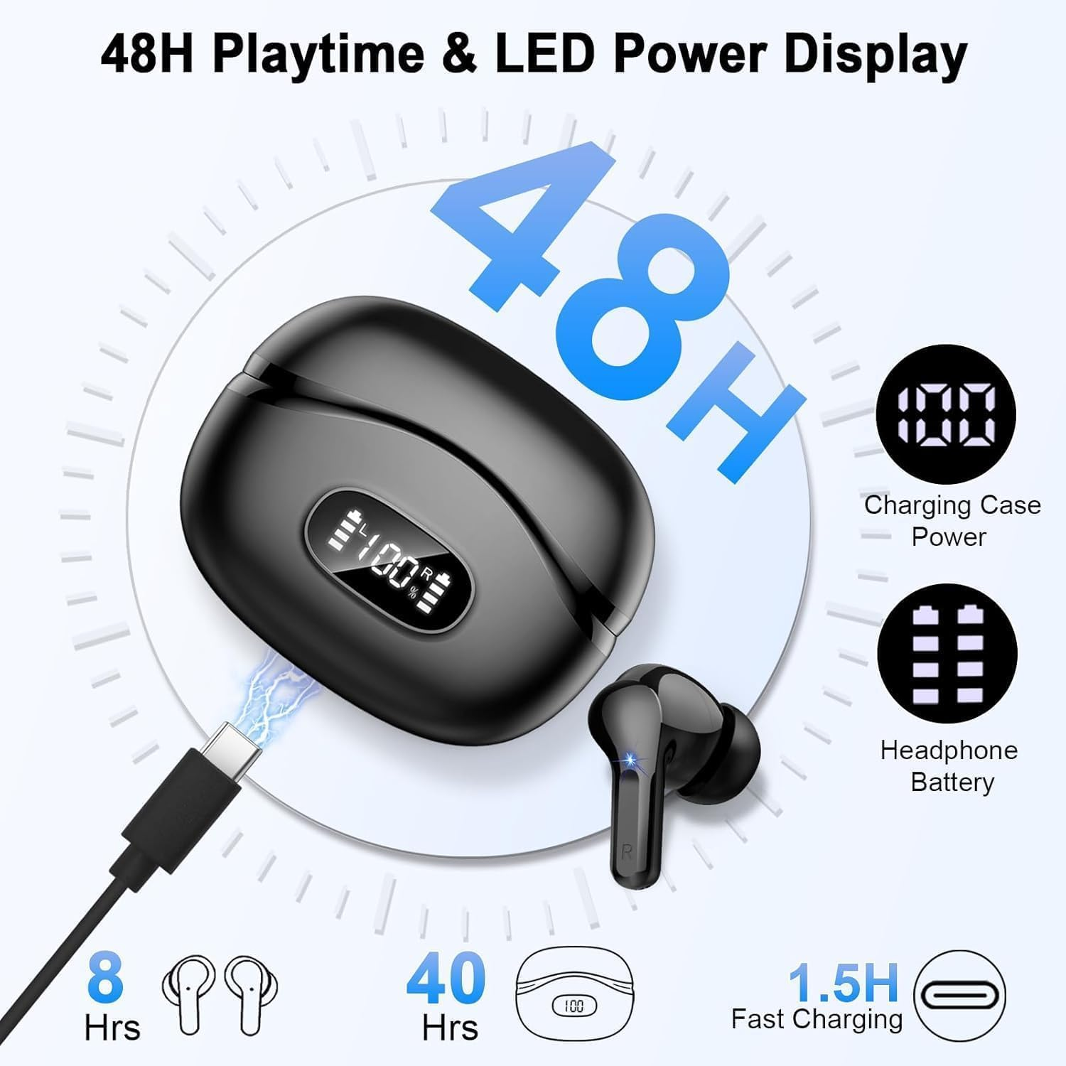 Wireless Earbuds, Bluetooth Headphones 5.4 Hifi Stereo, Ear Buds with 4 ENC Noise Cancelling Mics, 48H Bluetooth Earbuds with Dual LED Display, IP7 Waterproof in Ear Earphones for Android Ios, Black image number 4