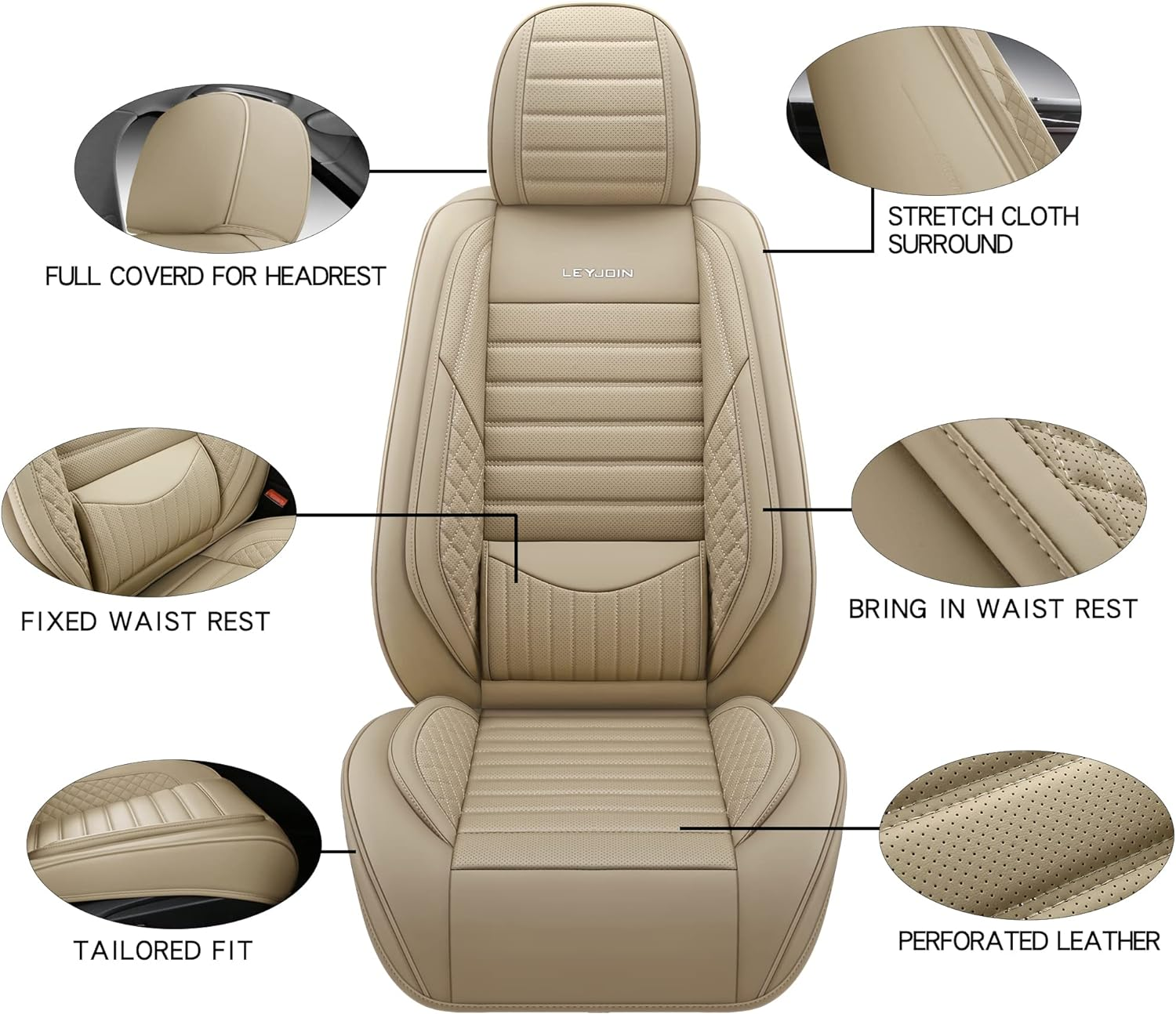 Fully Covered Automotive Car Seat Covers with Waterproof Nappa Leatherette Universal Fit for Most Cars Sedans Suvs and Pick-Up Trucks with 5 Seats (Beige, Full Set) image number 3