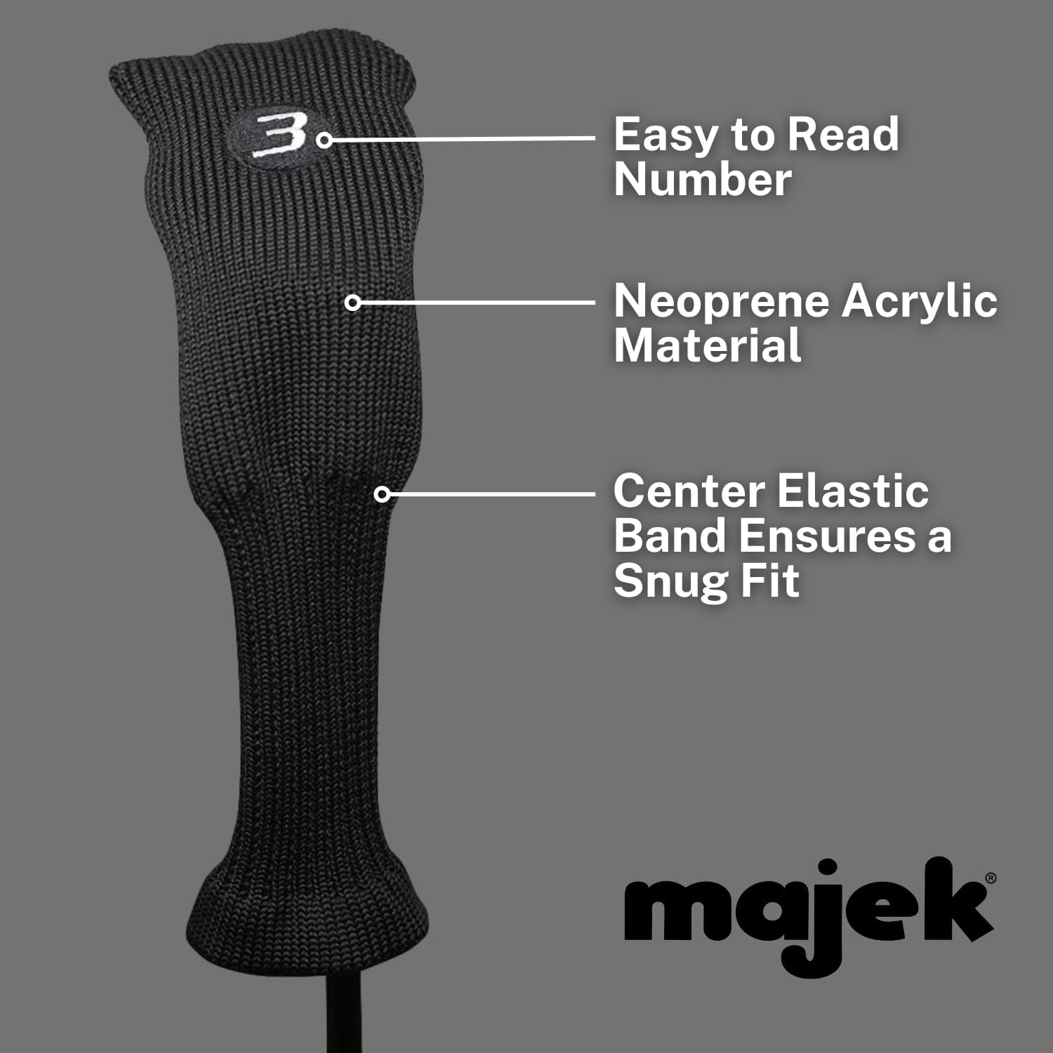Majek All Hybrid Head Cover Golf Club Black Sleek Tight Fit Headcover Set 3-PW Acrylic Head Covers 3 4 5 6 7 8 9 PW Easy to See Large White Embroidered Numbers image number 2