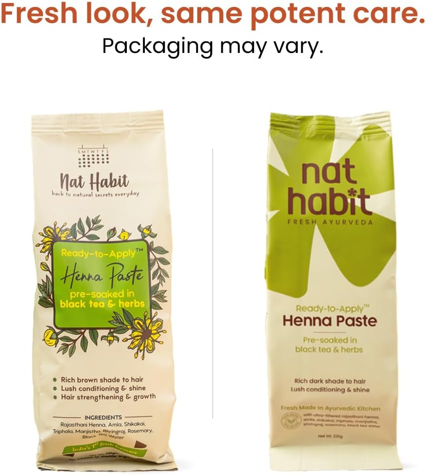 Nat Habit - Fresh Ready to Apply Henna Paste, Pre-Soaked in Black Tea and Herbs,100% Natural Rajasthani Henna, Imparts Rich Brown Shade (Pack of 2 X 220G) image number 4