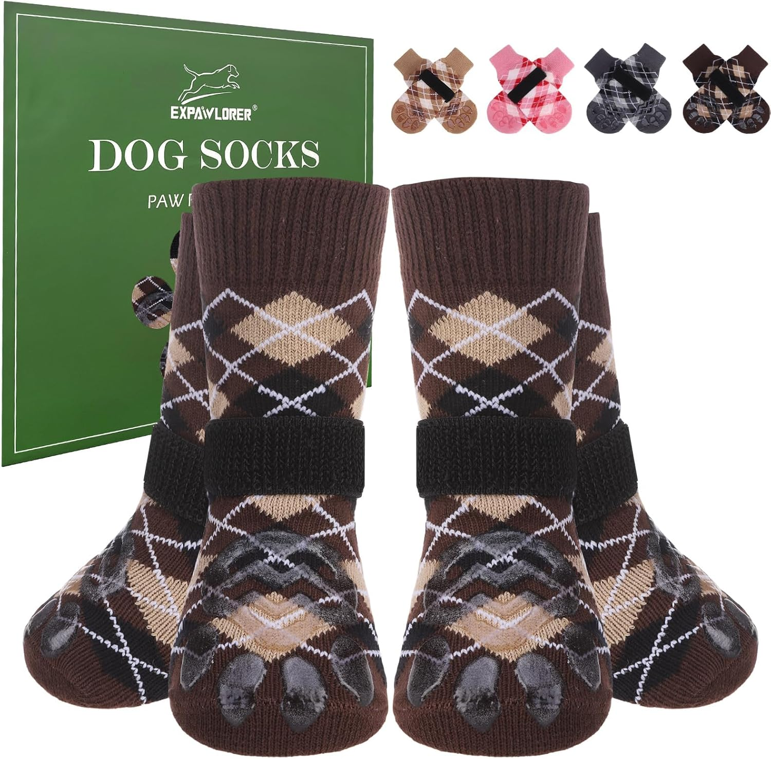 EXPAWLORER Dog Socks to Prevent Licking Paws,4 Pcs Double Sided anti Slip Dog Socks with Grippers for Hardwood Floors,Dog Shoes Booties for Small Medium Large Senior Dogs,British Style,Brown XL