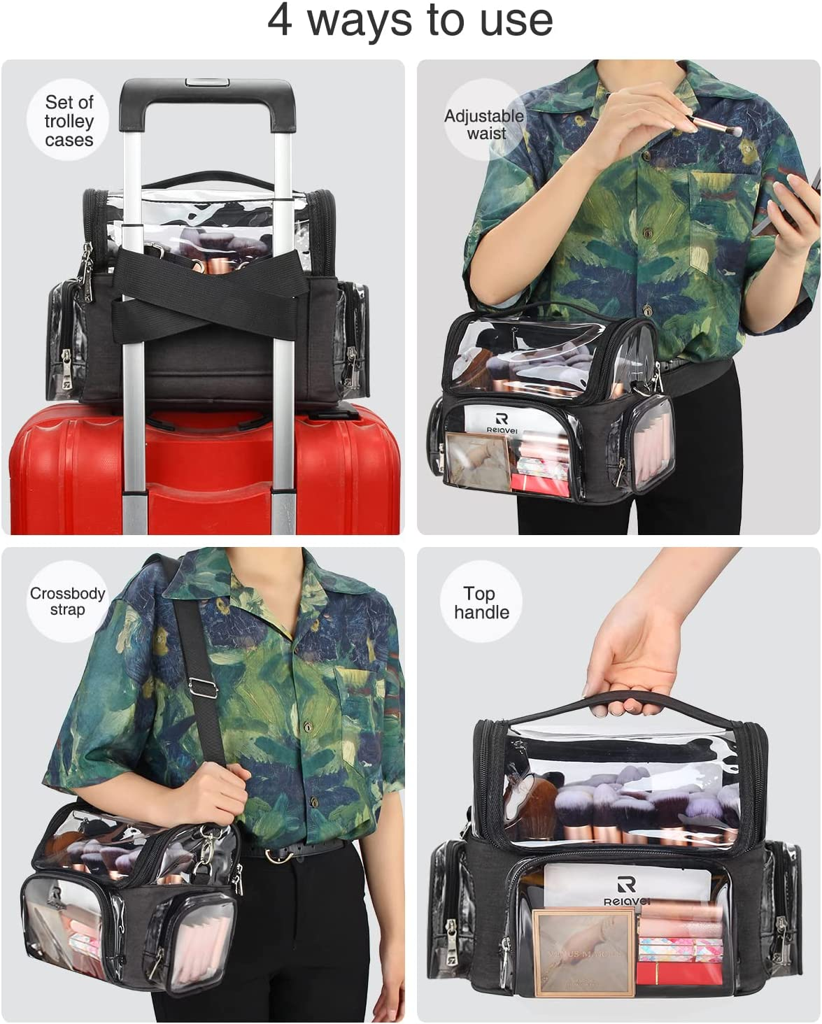 Relavel Makeup Brush Case, Large Makeup Brush Holder Professional Makeup Artist Travel Case Clear Waterproof Cosmetic Organizer Bag, Full Open Easy to Access, with Adjustable Strap and Dividers, Black image number 2