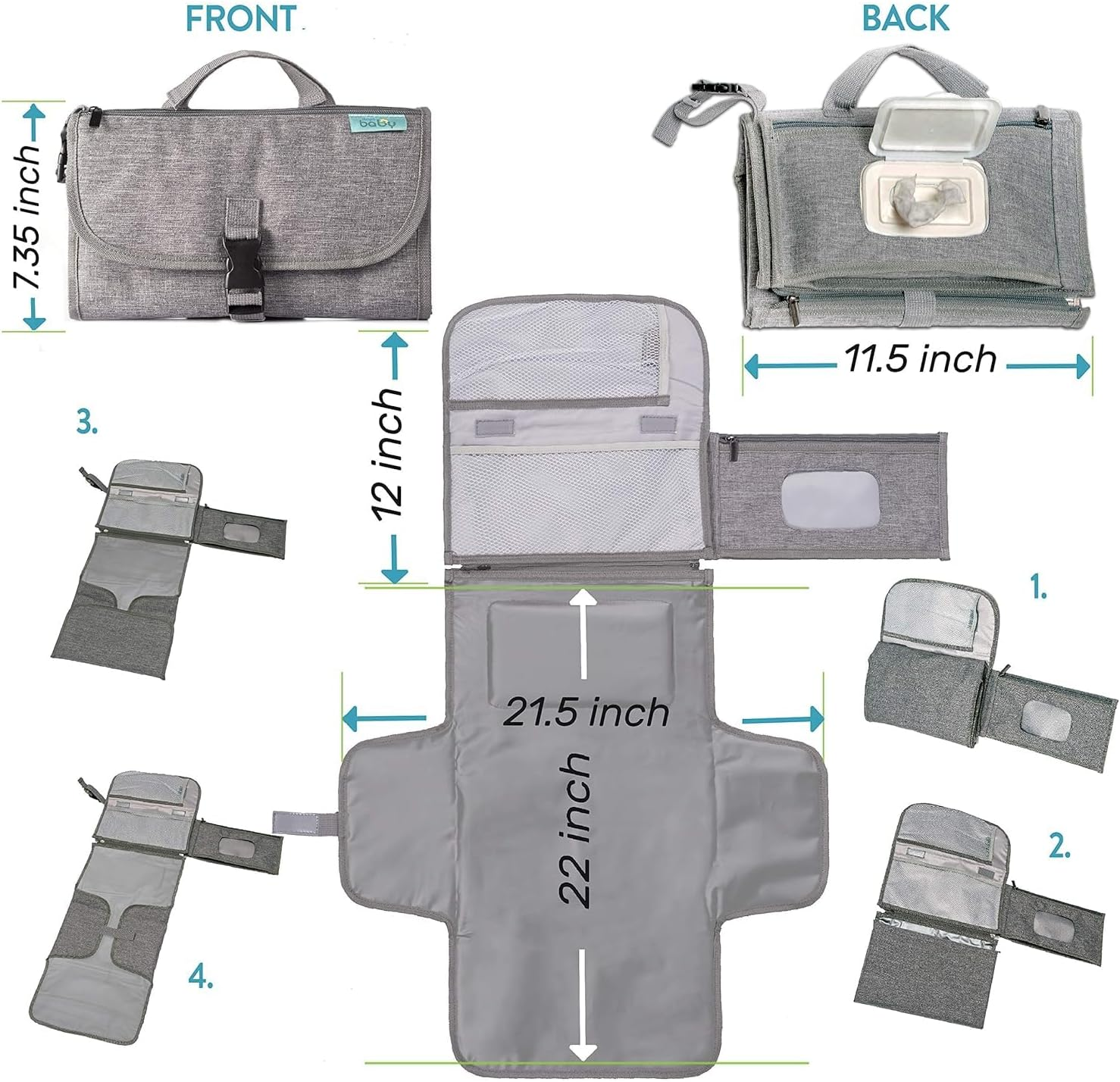 Baby Portable Diaper Changing Pad - Baby Diaper Changer Travel Bag with Wipes Pocket, Smart Design Portable Changing Mat, Infant Travel Station Kit, Gift for Newborn Girl & Boy - Grey, Classic image number 2