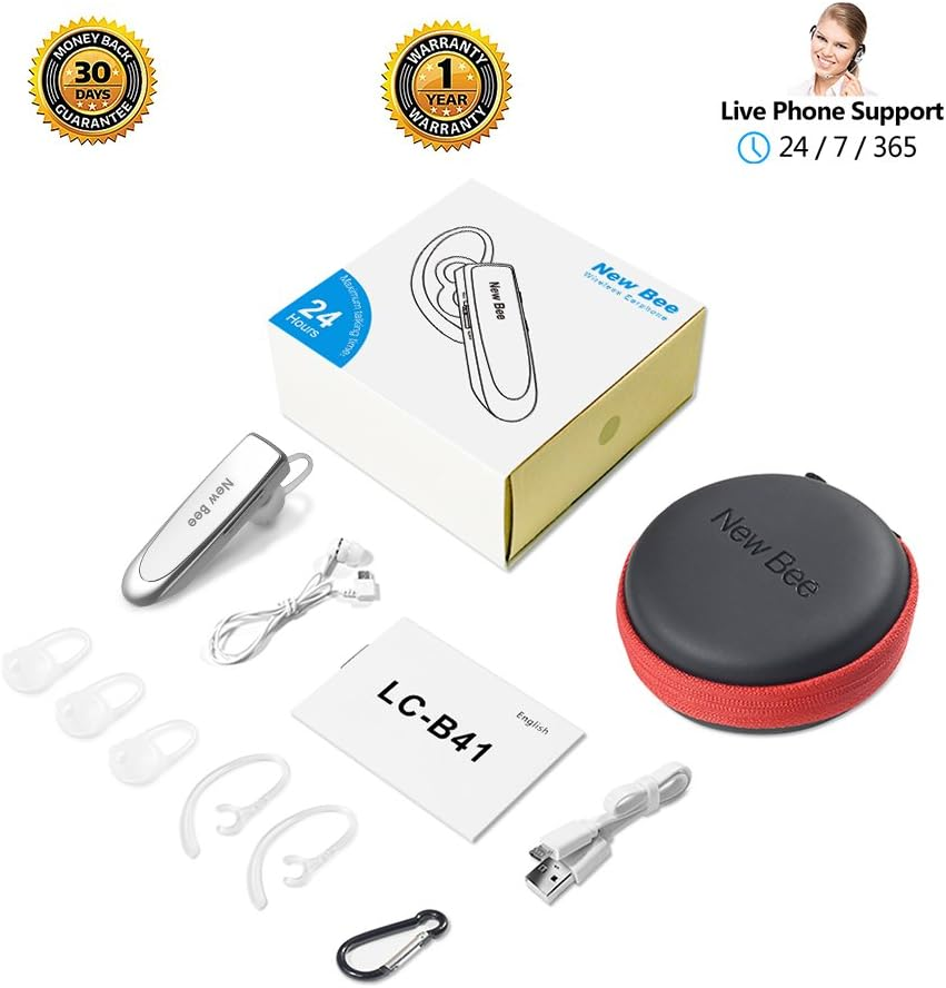 Bluetooth Headset Handsfree Wireless Bluetooth Earpiece New Bee Driving Earphone with Noise Cancelling Microphone 24 Hrs Talk Time Business In-Ear Headphones Earbuds for Apple Iphone X 8 7 6 6S, Samsung Galaxy, HTC, LG, SONY, PC, Laptop (White) image number 1