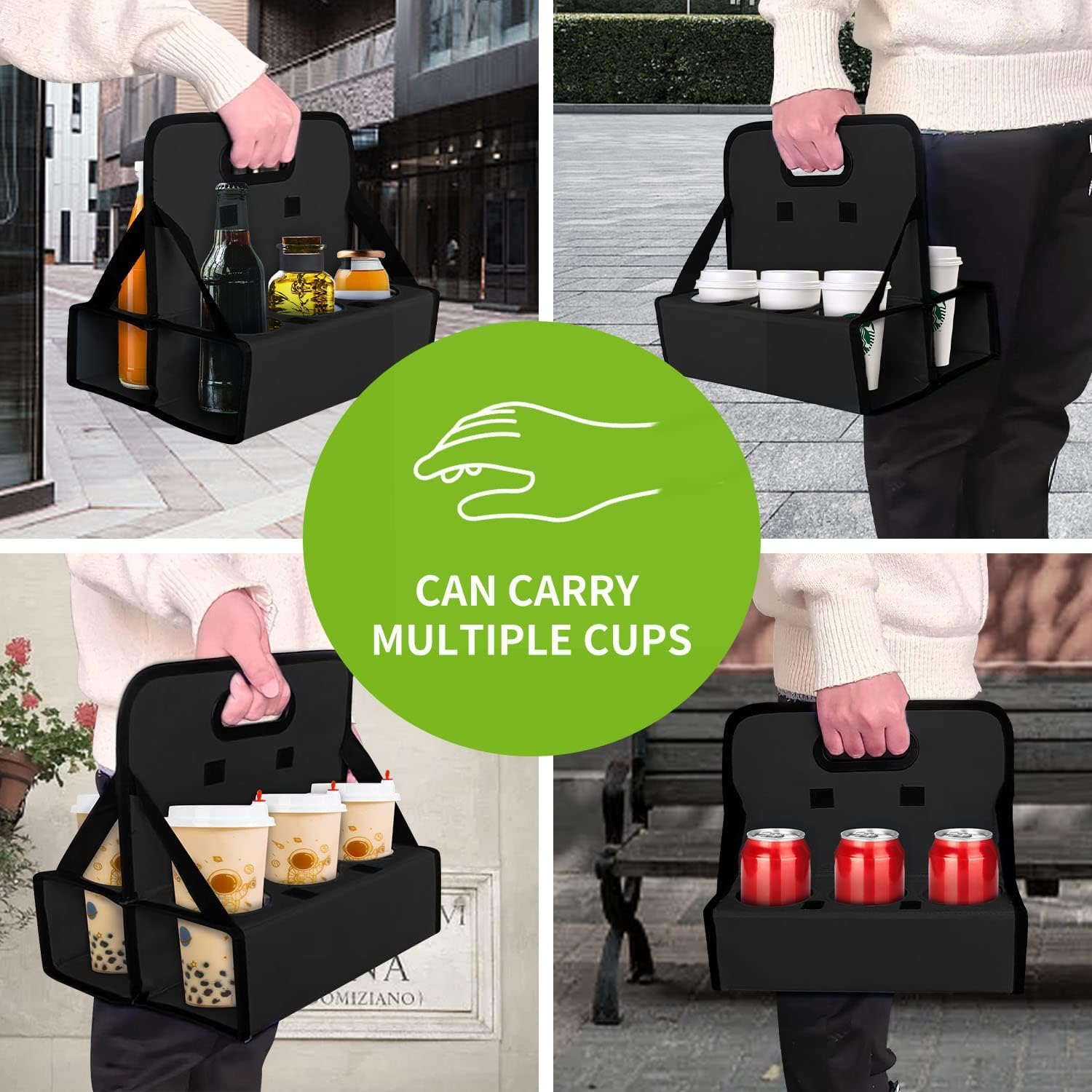 Cup Caddy Portable Drink Carrier or Cans Reusable, 6-Cup Holder with Handle, Folds Flat, Carry Coffee, Wine, Cocktails, Safely Secures Hot and Cold Beverages- for Delivery and Take Out (Black) image number 4