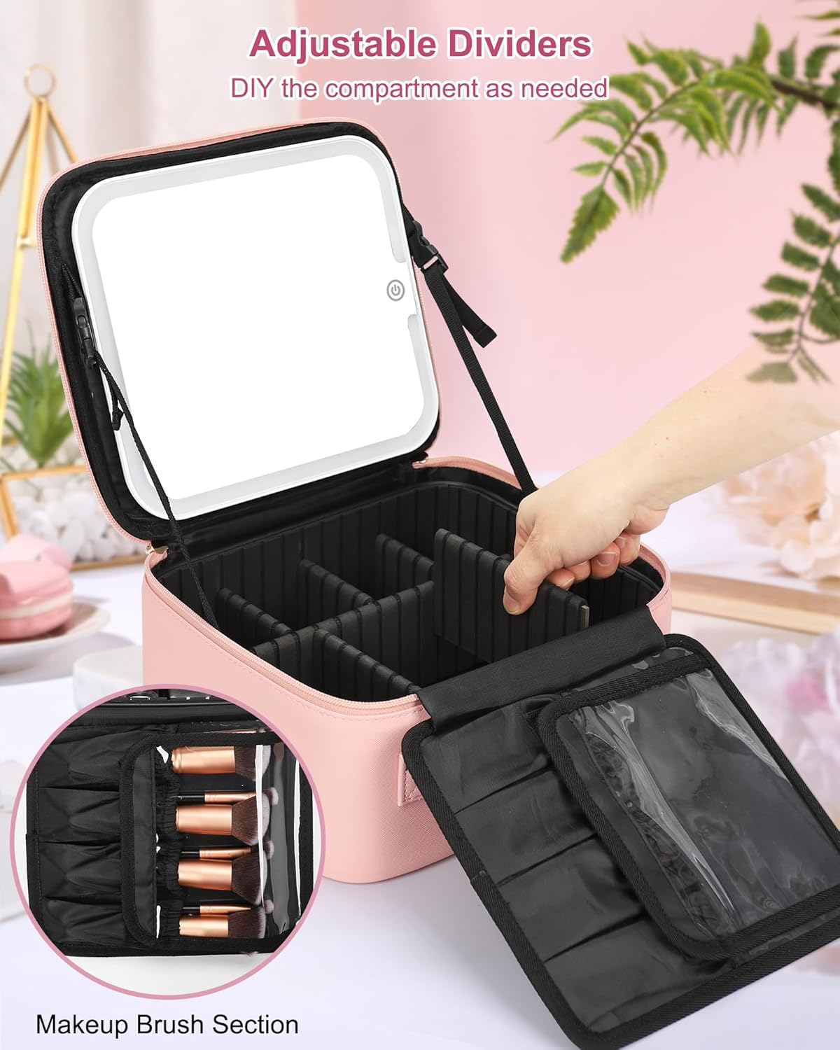 Relavel Makeup Bag with LED Mirror Cute Personalized Initial Makeup Bag for Women Pink Cosmetic Travel Toiletry Bag Girl Gifts, Pink image number 5