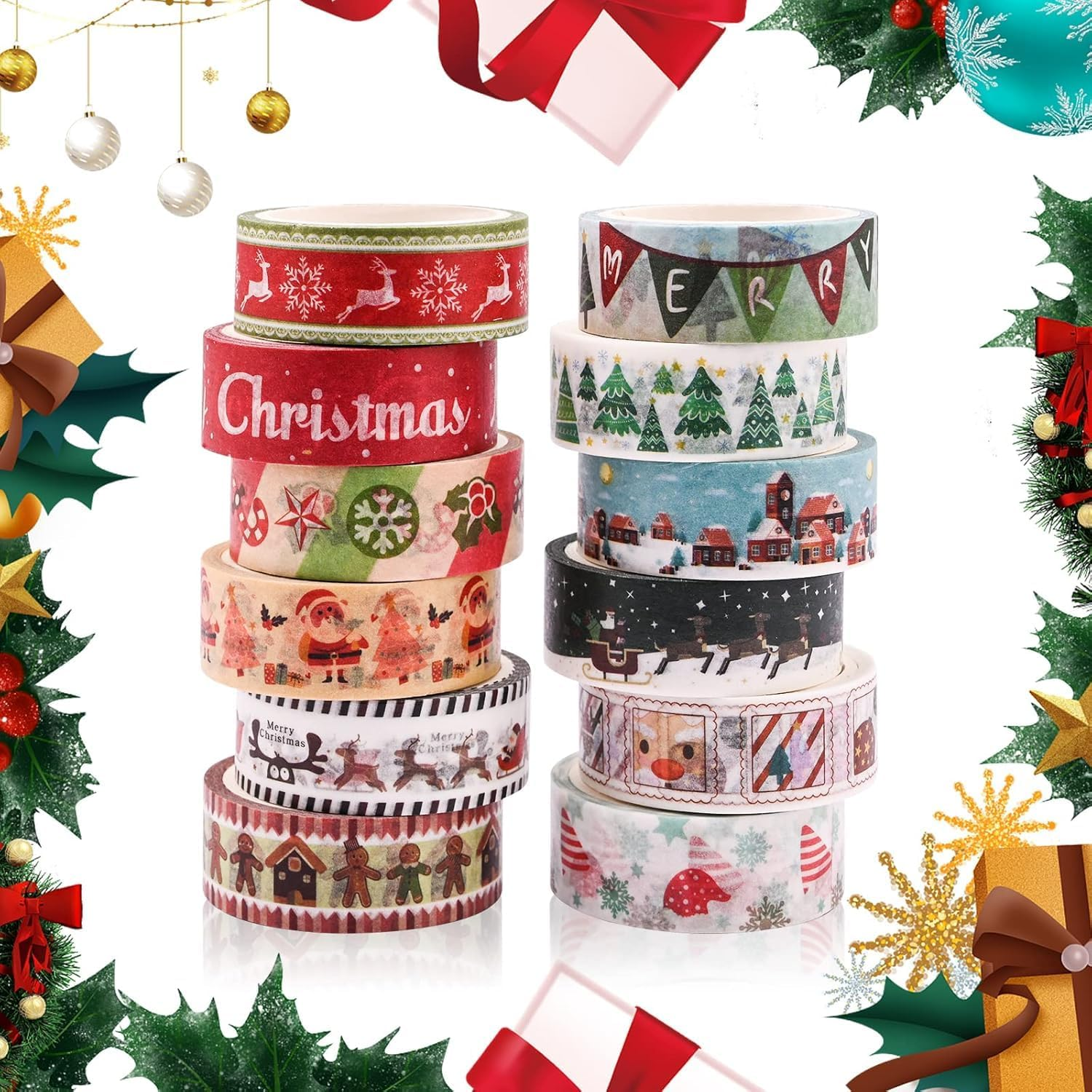 Christmas Washi Tape Sets, 12 Washi Masking Tape Christmas Decorative Tape for Gift Packaging Scrapbooking DIY Handicrafts Gift Wrapping image number 3