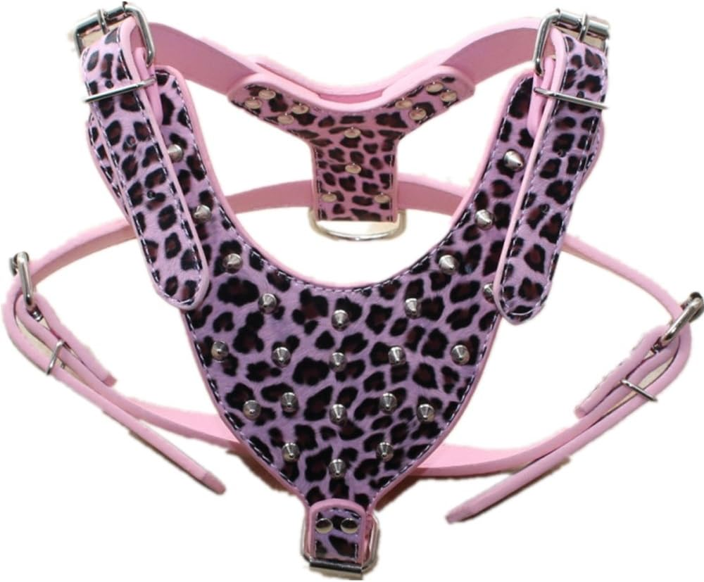 Haoyueer 3 Piece Set Leather Dog Collars Harnesses and Leads Sharp Studs for Medium Large Dogs Bull Terrier Mastiff Boxer Bull Terrier (M, Pink Leopard) image number 3