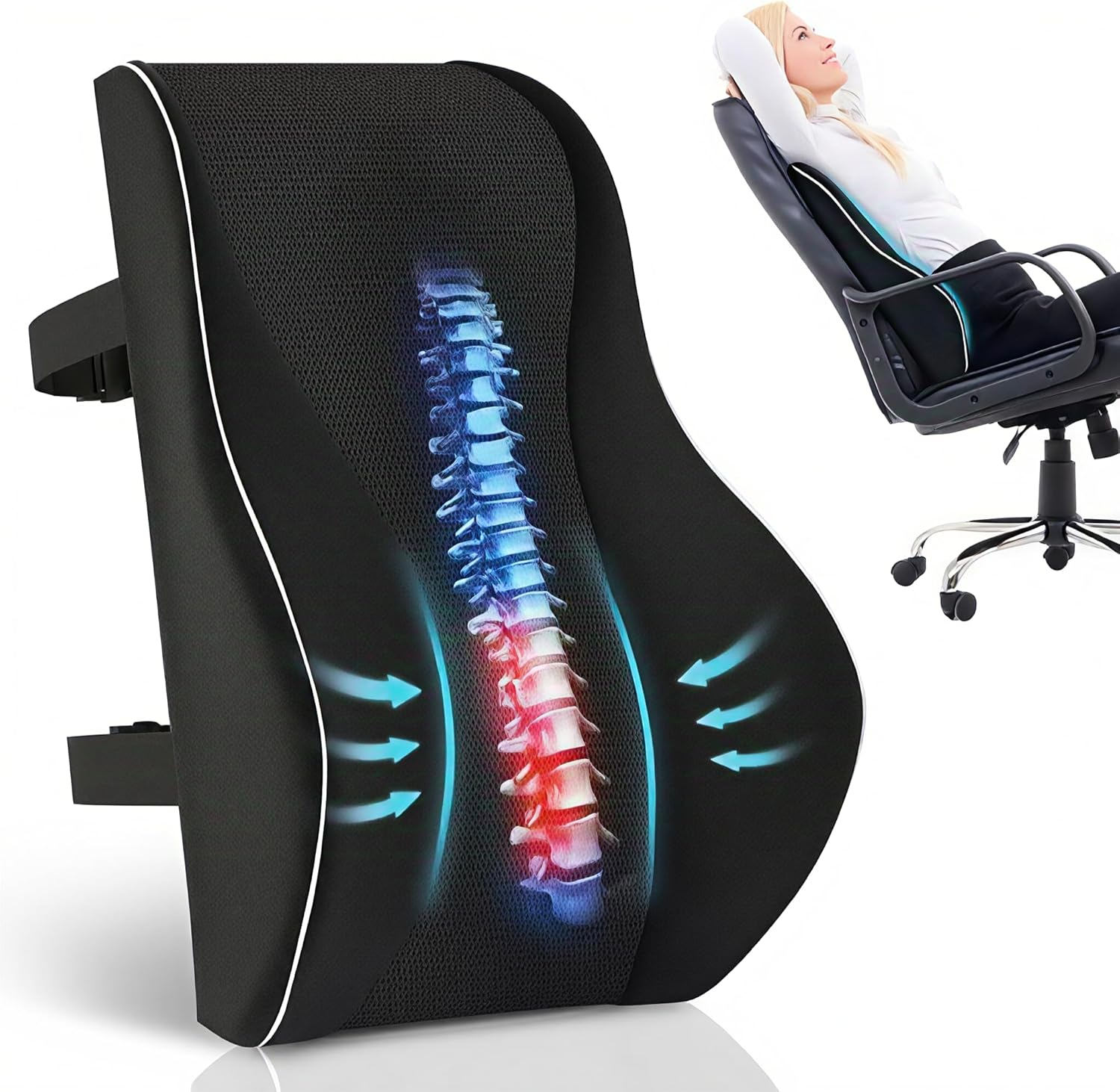 Lumbar Support Pillow for Office Chair,Office Home, College Dorm Room Essentials,Back Support Pillow for Car, Chair Cushions,Back Pain Relief,Mesh Cover Double Adjustable Straps image number 4