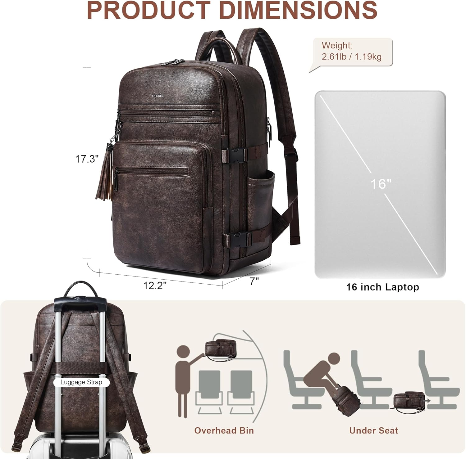 Shrrie Laptop Backpack for Women,Vegan Leather Backpack Work Computer Backpacks Fits 16" Laptop,Water Resistant Teacher Nurse Casual Daypack for Weekender Camping Travel,Beige with Brown image number 4