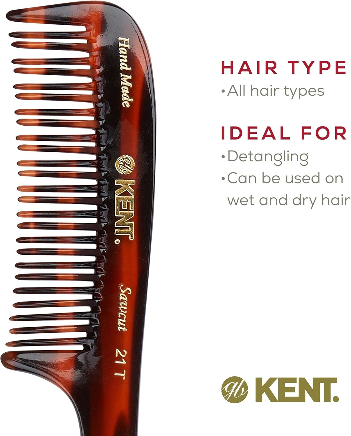 Kent 21T Large Hair Detangling Comb, Double Teeth Wide Tooth Comb for Curly Wavy Hair, Saw-Cut and Handmade (7.5") - 195Mm (Length) image number 1