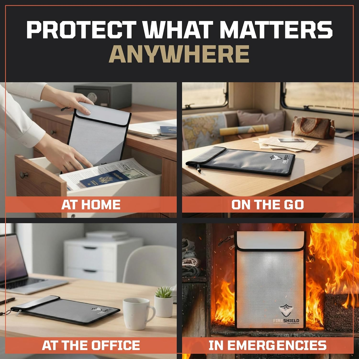 FIRESHIELD PRO Upgraded 2000&deg;F Fireproof Document Bag W/ Dual Pockets &ndash; Fire & Waterproof Money Pouch for Cash &ndash; Safe Storage for Family Photos, Jewelry, Passport & Important Documents &ndash; 15" X 11" image number 1