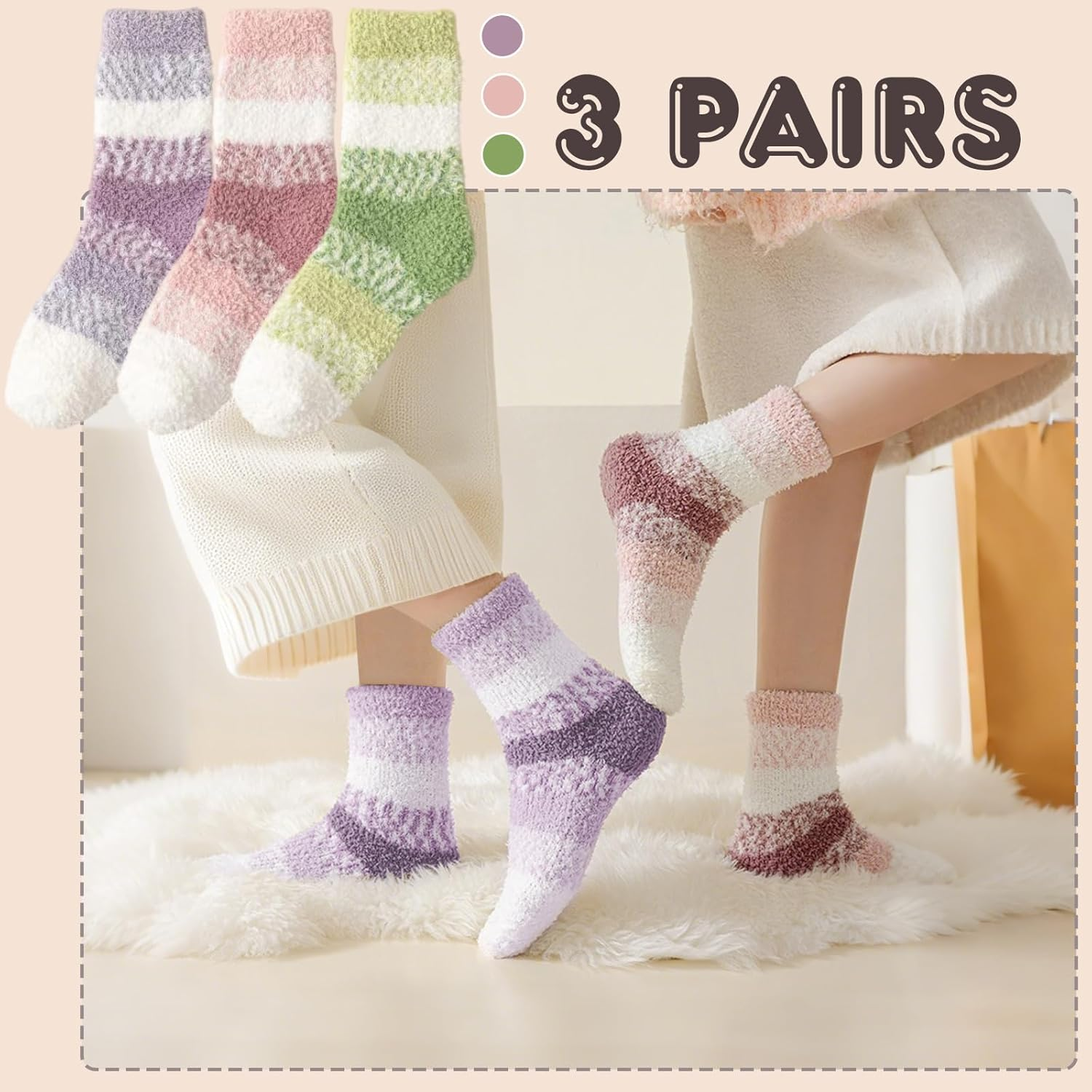 3 Pairs Women'S Fluffy Fuzzy Winter Warm Socks Soft Cozy Plush Slipper Socks for Cold Weather - Grey+Khaki+Navy image number 7
