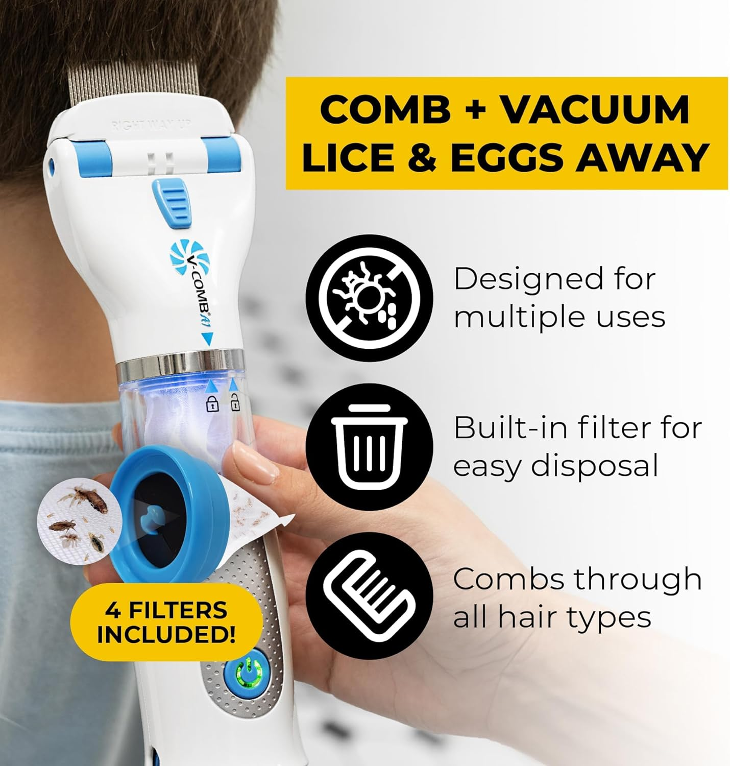 A1 Rechargeable Chemical-Free Lice Removal Electric Comb, Pack of Refill Filters, Natural Head Lice Solution for Children & Adults, Electric Lice Vacuum Comb, for All Hair Types, Gentle Lice Care image number 3
