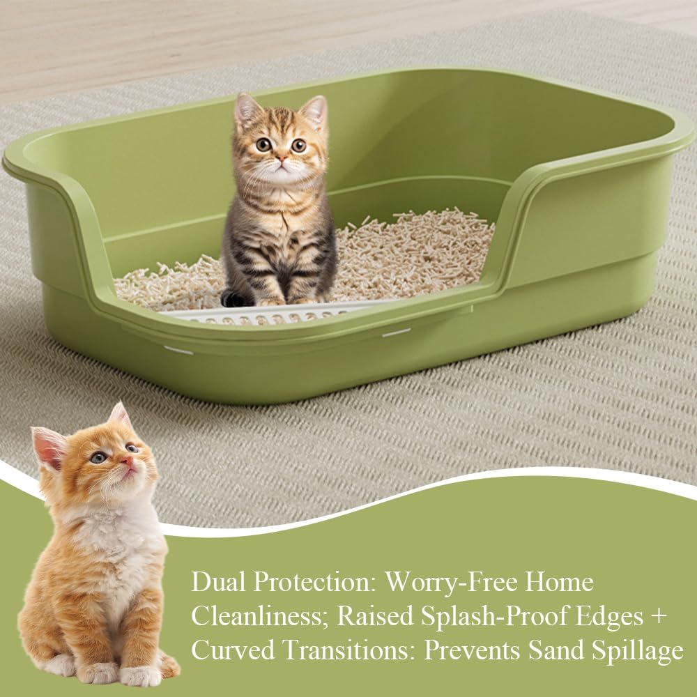 Extra-Large Semi-Enclosed Cat Litter Box, Anti-Splash Open Top Pussy Pan, Mint Green with Scoop, Odor Bag & Leak-Proof Board for Cats up to 40Lbs (49X35.5X13Cm) image number 2