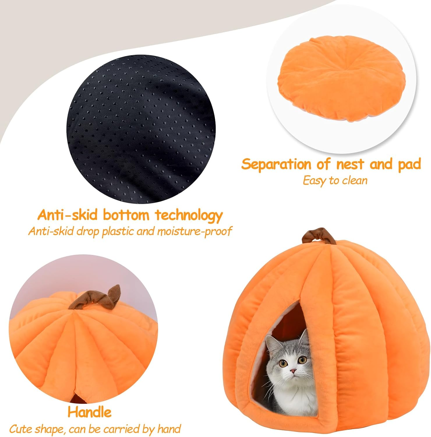 Cat Cave Bed, Removable Cushion Blankets,Soft Semi-Closed Pumpkin Shape Pet Bed, Cat House for Indoor Small, Medium Dogs and Cats, Sleeping Bag (Olive Green, M(2.5-5KG)) image number 3