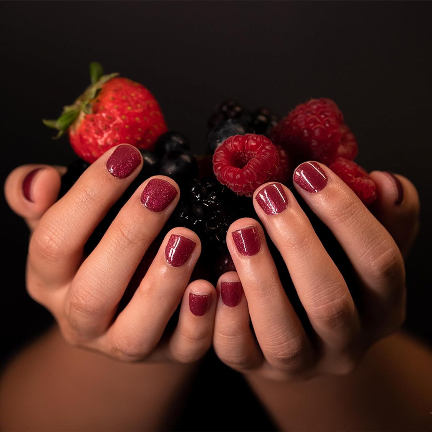 Wilana Gel Nail Stickers - Long-Lasting Semi-Cured Gel Nail Strips - Dark Pink Velvet Magnetic Glitter (Berry Luxe) image number 2