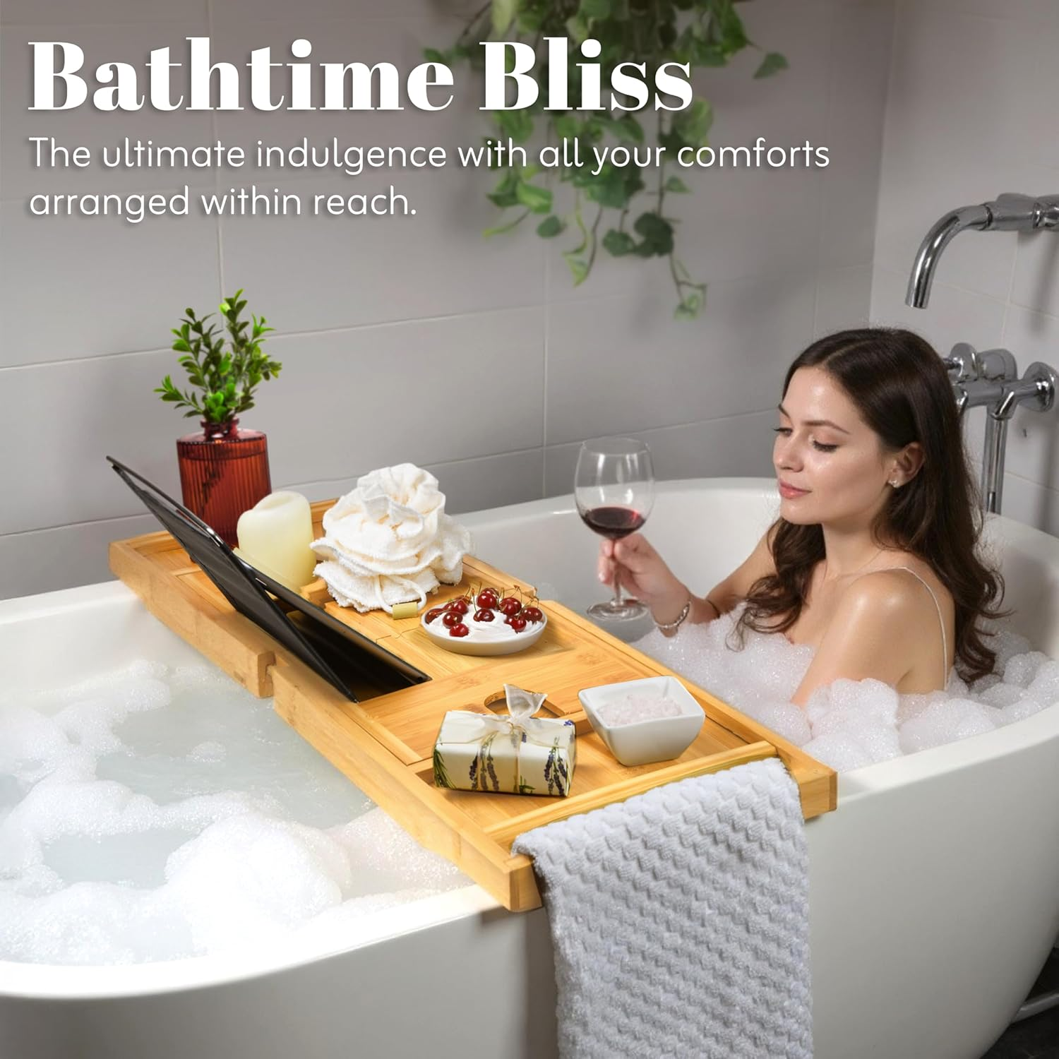 Home It Premium Foldable Bathtub Tray - Bamboo Waterproof Bath Tray for Tub Caddy - Wooden Holder for Wine, Book, Soap, Phone, Luxury Gift for Men & Women - Expandable, Fits Most Tubs in Bathroom image number 2
