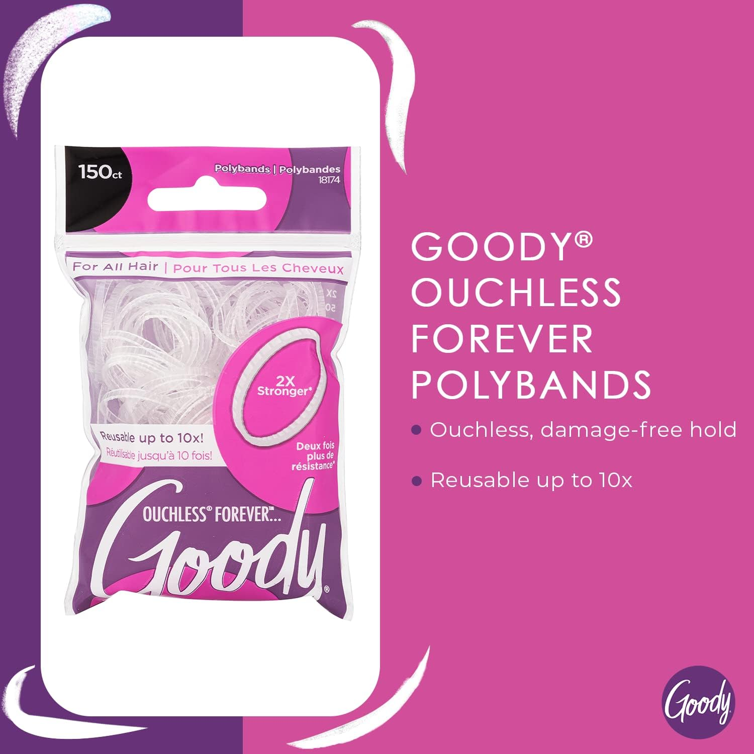 Goody Ouchless Forever Polyband Hair Ties - 150 Ct, Clear, Hair Bands for Women'S Hair, Easy Glide, Ultra-Strong Hold Hair Accessories for Women & Men, Secure Hold Ridge Design, All Hair Types - Clear 150 Ct image number 1