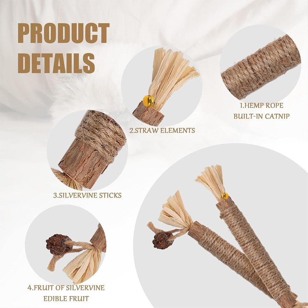 Aufondof 6Pcs Natural Silvervine Sticks, Cat Dental Chew Sticks Cat Toys for Indoor Cats Kitten Teething Toys Teeth Cleaning Toy image number 4