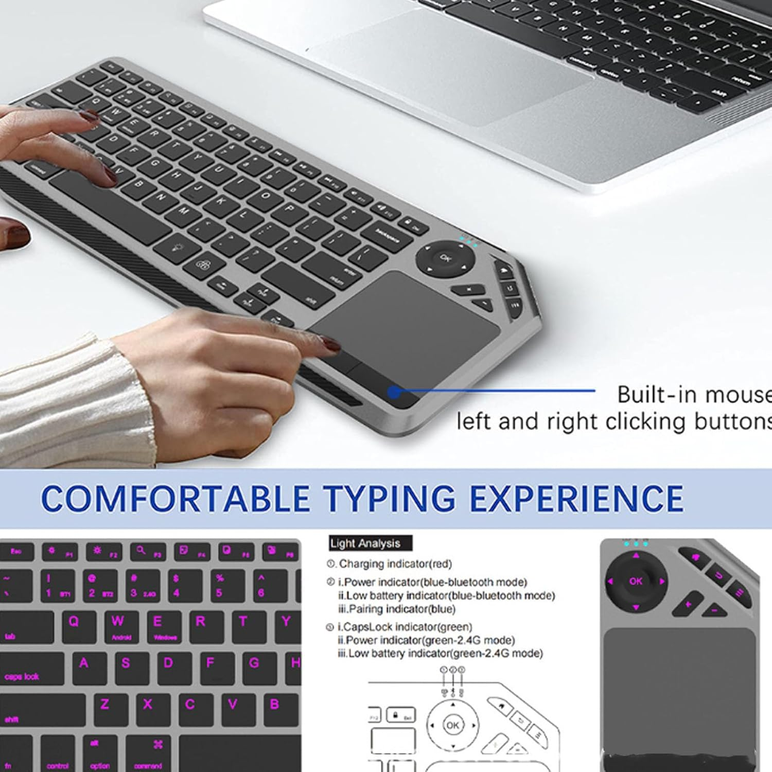 Wireless Touch TV Keyboard, 7-Colors Backlit Bluetooth Keyboard with Easy Media Control and Built-In Touchpad, Connect 3 Devices Simultaneously, for PC, TV, Android & Wins image number 5