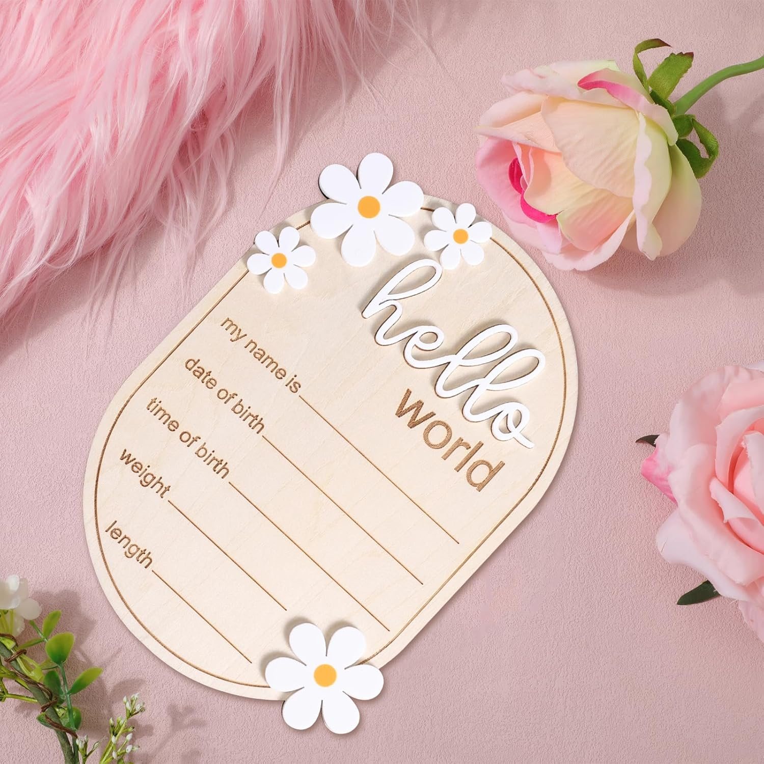 Baby Announcement Sign, 5.91X4.13 Inch Wooden Newborn Announcement Sign Hello World Newborn Sign Baby Name Sign Birth Announcement Sign for Hospital Nursery image number 5