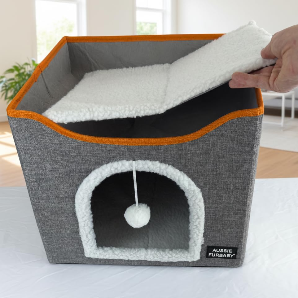 AUSSIE FURBABY Cat Bed &ndash; Indoor Cave House & Condo Hideout for Cats and Kittens. Soft Washable Pet Bed with Scratcher and Toy Ball &ndash; Foldable Design image number 1