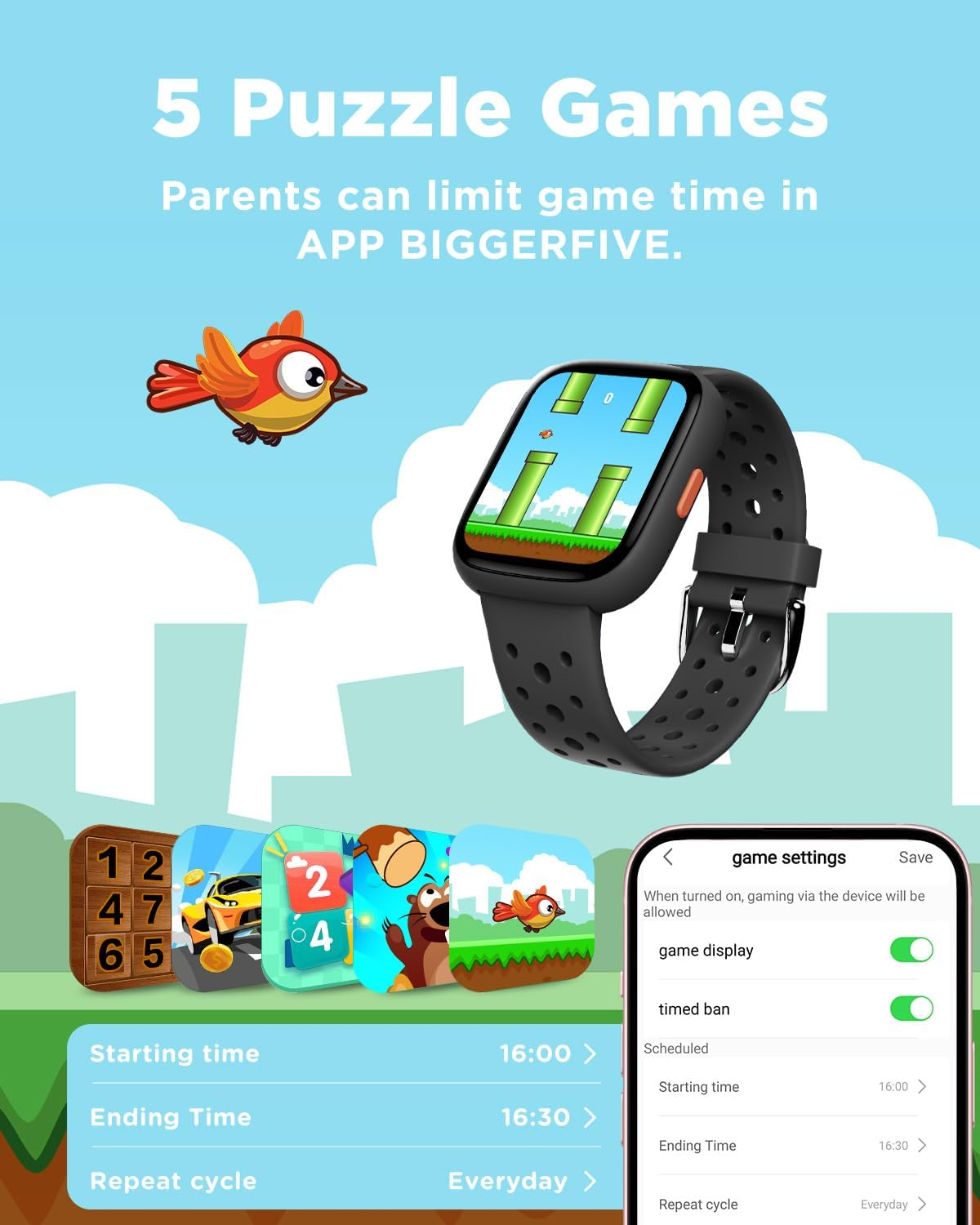 BIGGERFIVE Smart Watch for Kids No APP No Phone Needed, 1.8" Fitness Tracker Watch Pedometer, Sleep Monitor, IP68 Waterproof, Step Counter, Puzzle Games for Girls Boys Teens 5-16, Black - Black image number 3