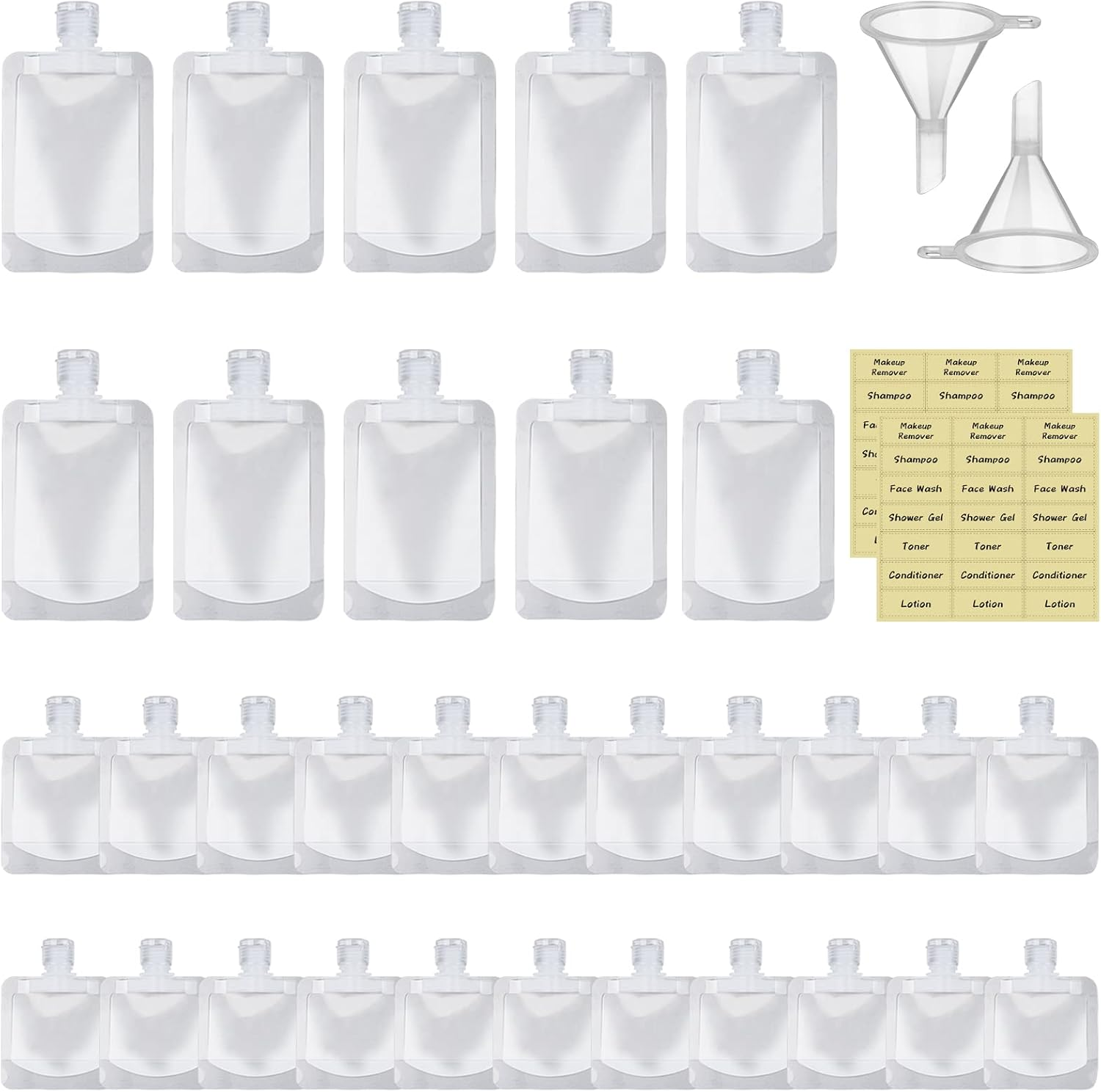 UHAPEER 32 Pcs Portable Travel Fluid Bags, Travel Refillable Empty Squeeze Pouches with Funnel, Plastic Travel Fluid Pouches for Toiletries, Portable Spout Pouches for Lotion Shampoo Face Cream image number 1