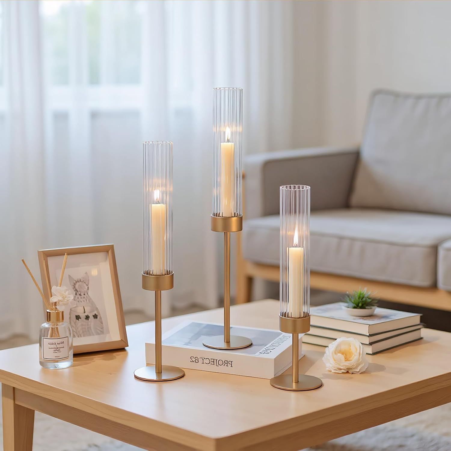 3Pcs Gold-Finished Hurricane Candle Holders Set - Glass & Brass Taper Candle Holders for Weddings, Christmas, Home Table Decor image number 3