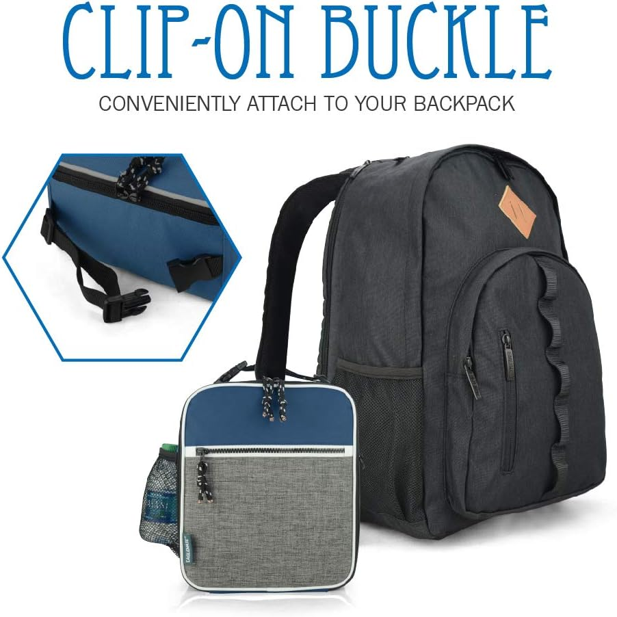 EAGLEMATE Insulated Lunch Bag &ndash; Portable Lunch Tote with Clip-On Buckle, Leakproof Interior, Front Pocket & Side Mesh &ndash; 7.5L Small Lunch Box for Work, School-Bpa Free (Navy Blue/Gray) - Blk/Gray image number 7