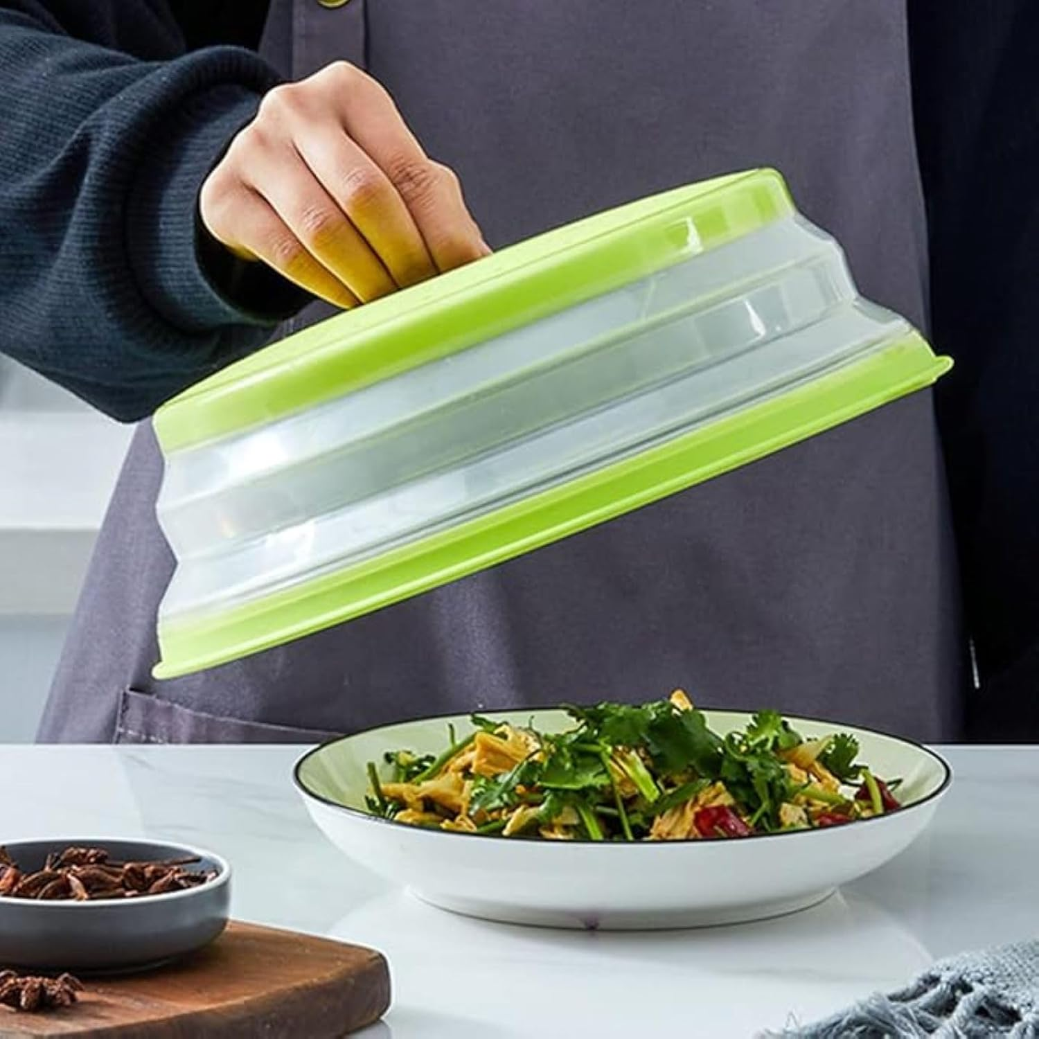 Pack of 2, Collapsible Microwave Food Cover BPA Free TPR, 10.5Inch, round with Grip Handle Green+Beige image number 4