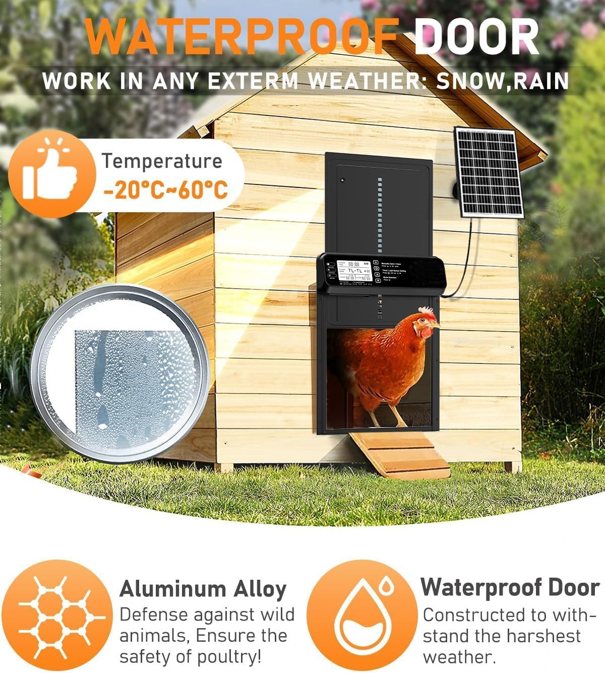 Automatic Solar Chicken Coop Door,Automatic Chicken Door Solar Powered&Usb Charging,With LCD Display&Timer&Light Sensor&Remote Control&Anti-Trap,Aluminum Anti-Pinch Weatherproof Chicken Door image number 5