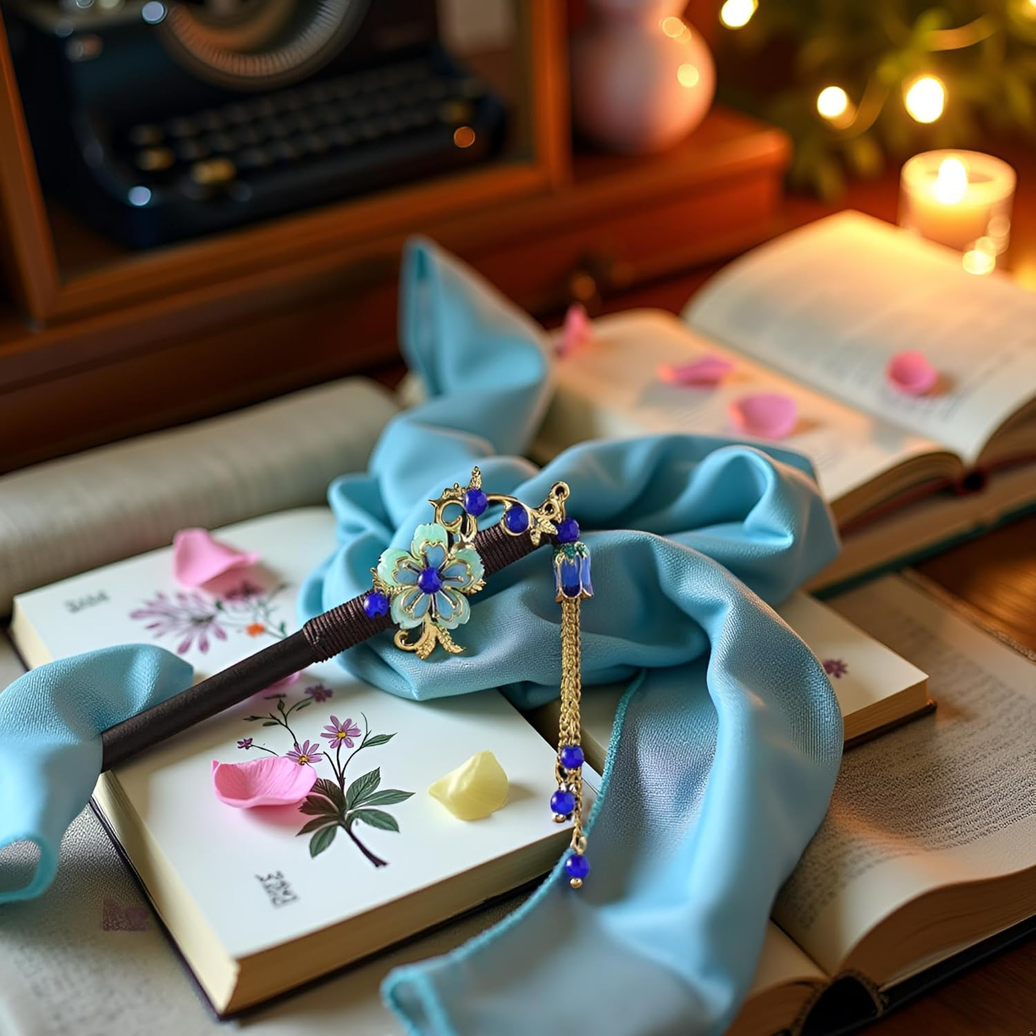 Jjlfresheners Blue Retro Vintage Flower Hair Stick - Wooden Hairpin with Tassel, Hair Securing for Wedding, Hairdressing, Hair Accessories for Adult Women - 1 Count image number 2