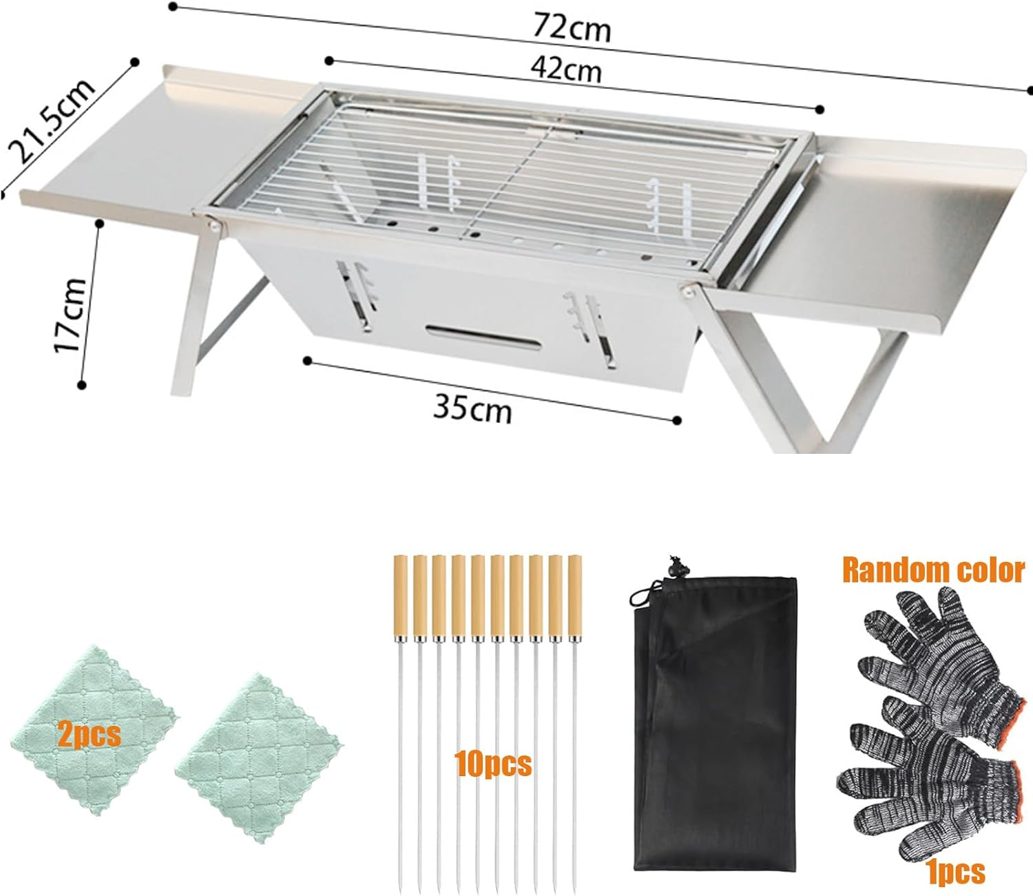 Portable Charcoal Grill with Carry Bag, Stainless Steel Foldable Small Grill for 1-5 People, Tabletop Outdoor BBQ Cooker for Travel，Cooking,Includes Gloves & Carry Bag and Kabob Skewer image number 1