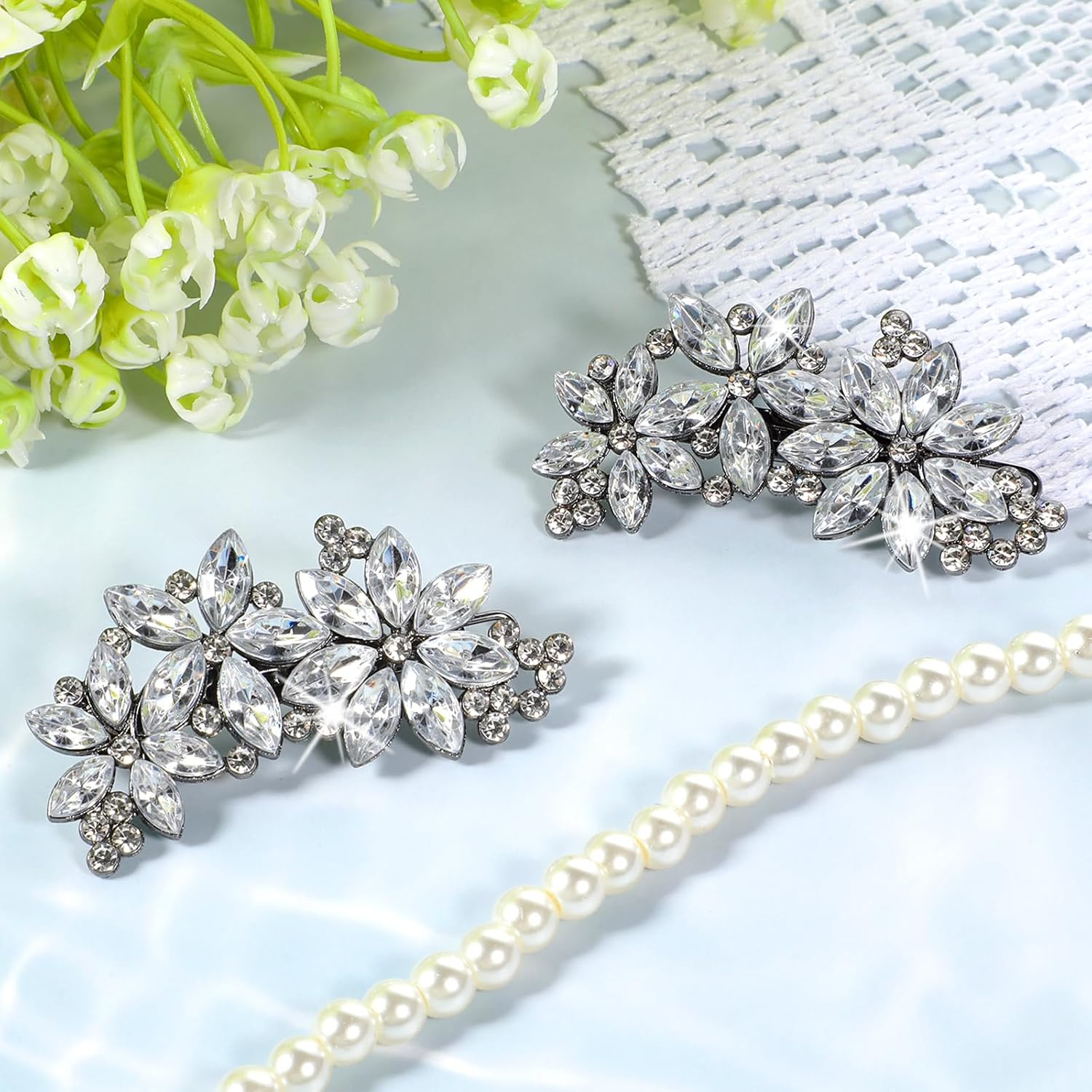 Lnngub Pack of 2 Rhinestone Hair Clips Silver Flower Shape Stainless Steel with Rhinestones Vintage Glitter Women'S Hair Clip for Wedding, Engagement, Dating, Gathering, Party, Dance, Daily Life image number 2
