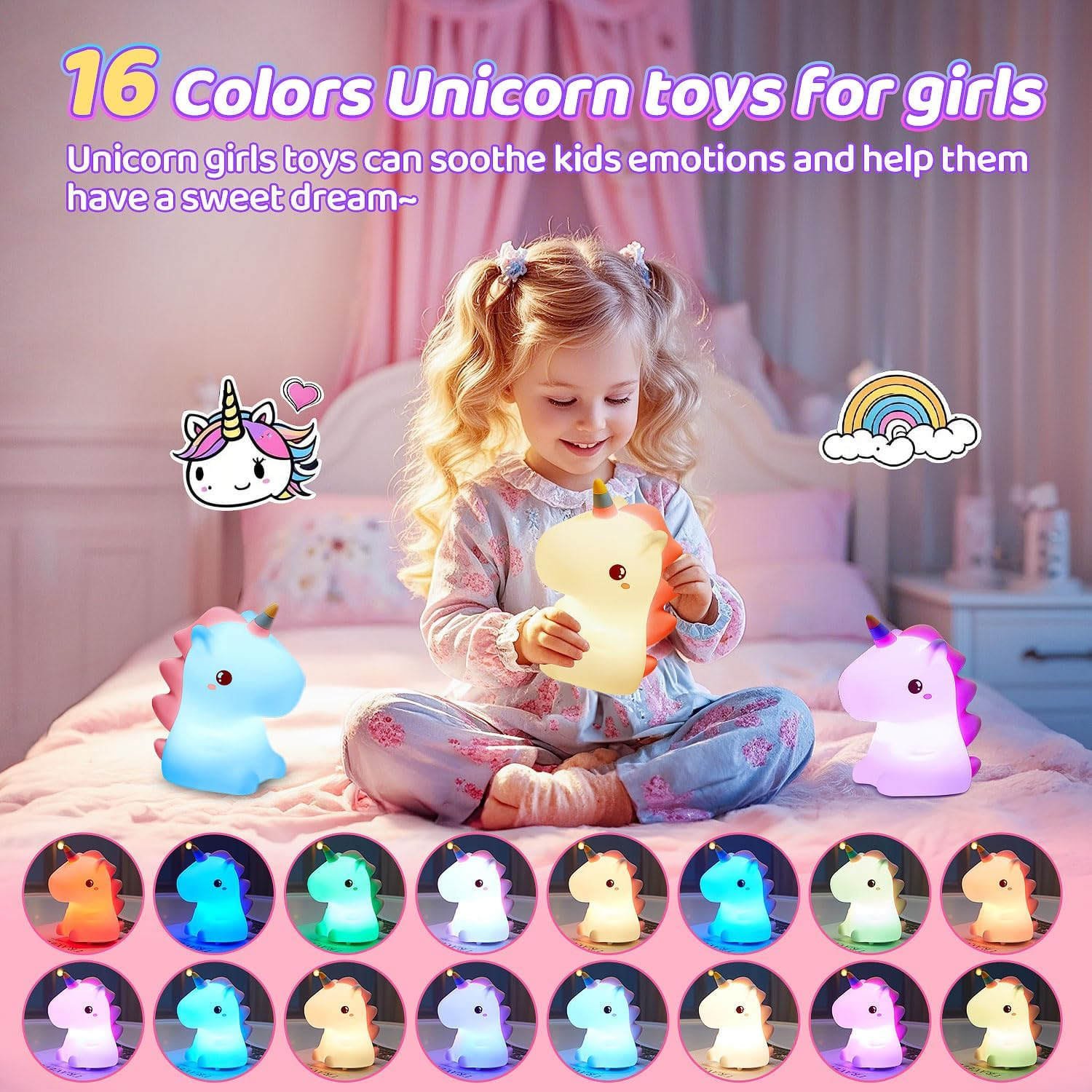 One Fire Unicorn Night Light, 16 Color Changing, LED, Rechargeable, Pink, Silicone, Kids Room Decor