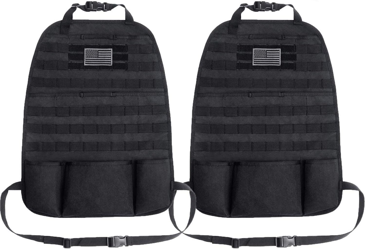 Tacticool Car Seat Back Organizer - Upgraded Tactical Molle Vehicle Panel Universal Fit Car Seat Cover Protector with Extra USA Flag Patch (2 Pack Black)