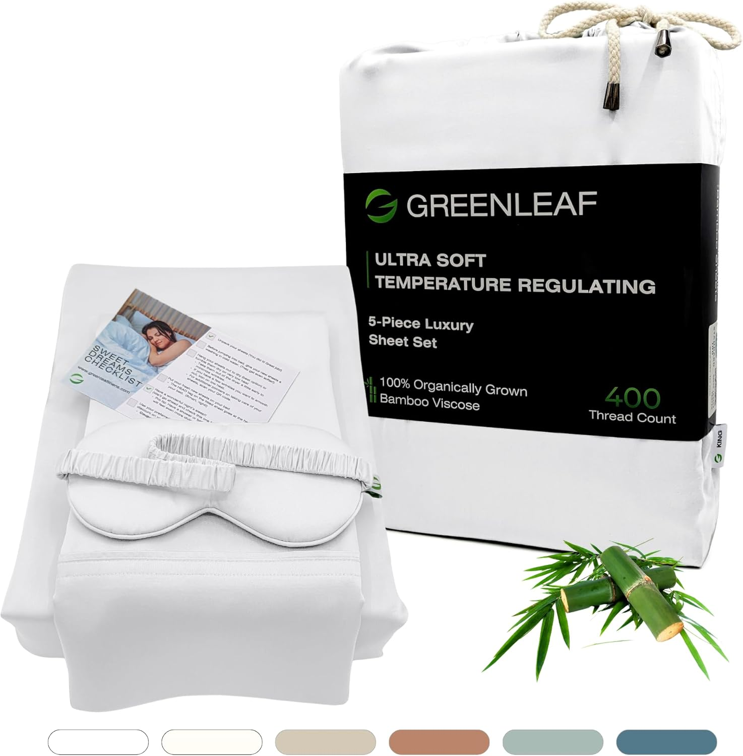 GREENLEAF King-Sized Bed Sheet Set, Seaglass Green | Fitted Bed Sheet with Pillow Cases, Flat Sheet & Sleep Mask | Breathable, Ultra-Soft Cooling | Deep Pocket up to 18" | Double Stitched Sateen