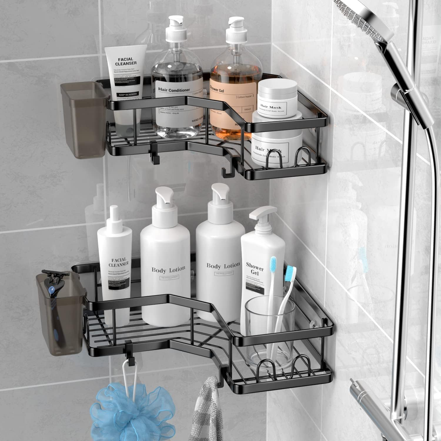Mumoo Bear Corner Shower Caddy, Adhesive Bathroom Organizer, No Drilling Shelf for inside Shower, Storage Rack Shampoo Holder (Black,2Pcs) image number 2