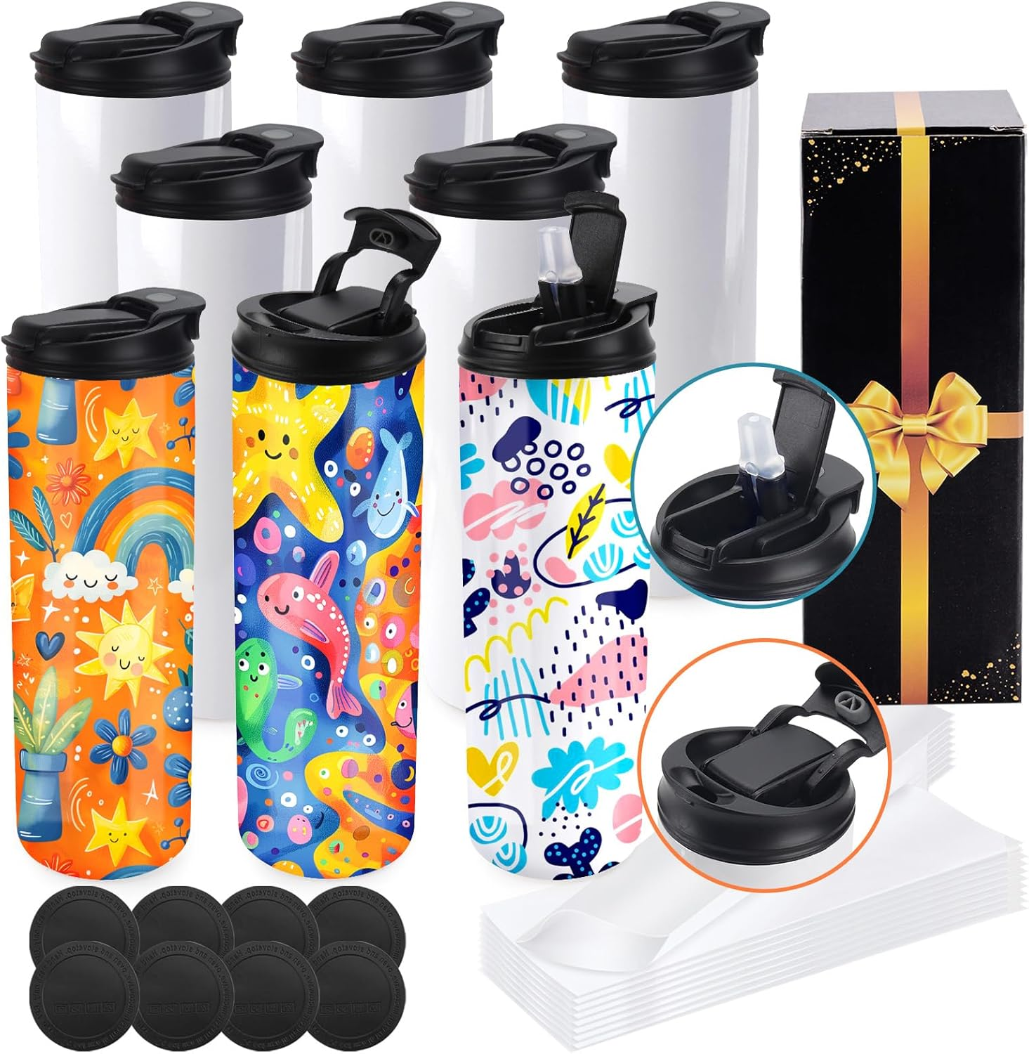 Joyclub 8 Pack Sublimation Water Bottle Blanks Dual Opening 20 Oz Sublimation Tumblers with Leakproof Lid and Straw Insulated Stainless Steel Sports Cups