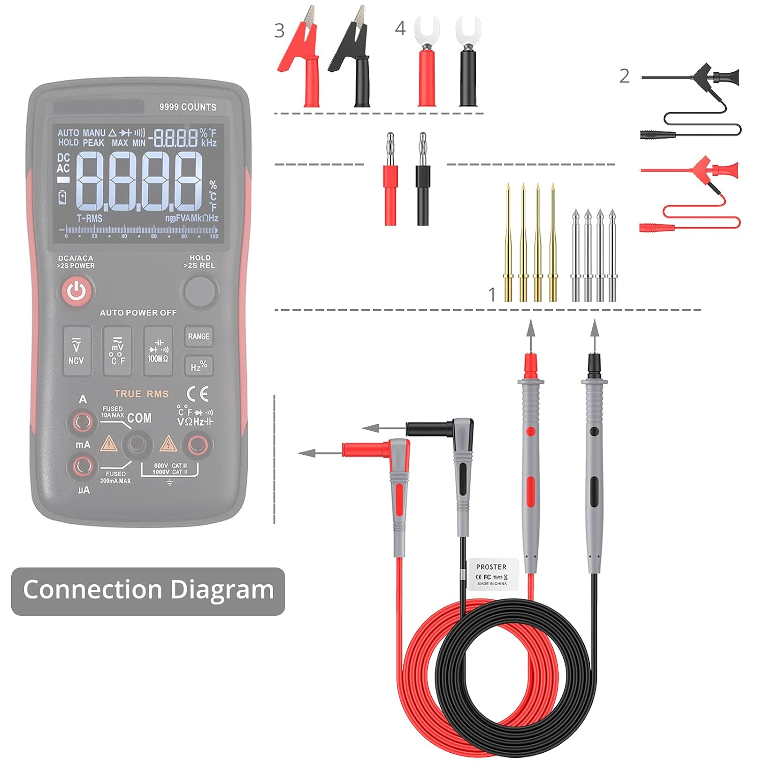Proster Multi Test Leads Kit 21 In-1 Electrical Multimeter Test Lead with Alligator Clips Test Probe Spring Grabber Banana Plug Volt Meter Leads for Voltage Circuit Tester