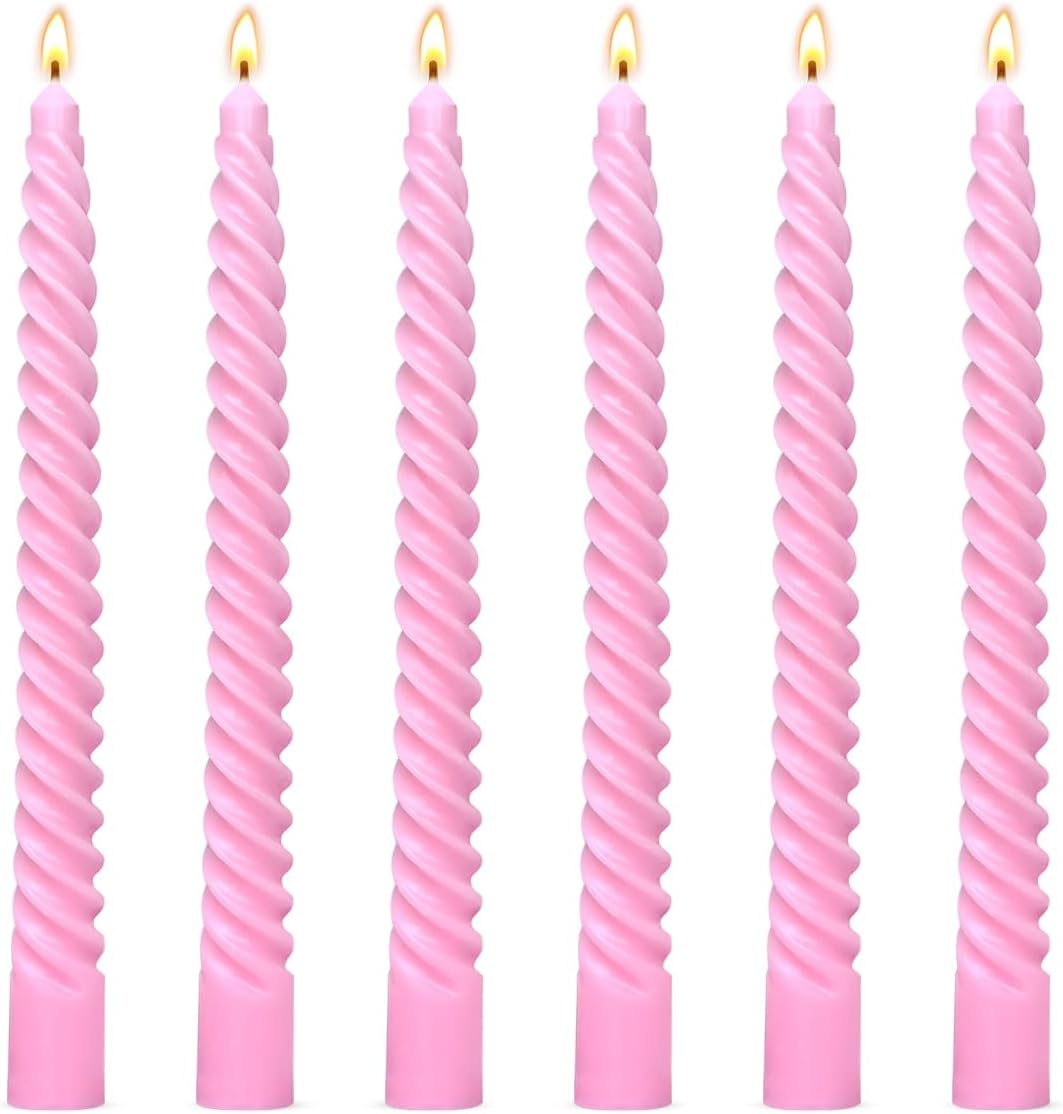 6 Pack 10 Inch Pale Pink Spiral Taper Candles for Holiday Home Decoration, Unscented Dripless Twisted Candlesticks for Dinner Party Wedding Baby Shower and Easter