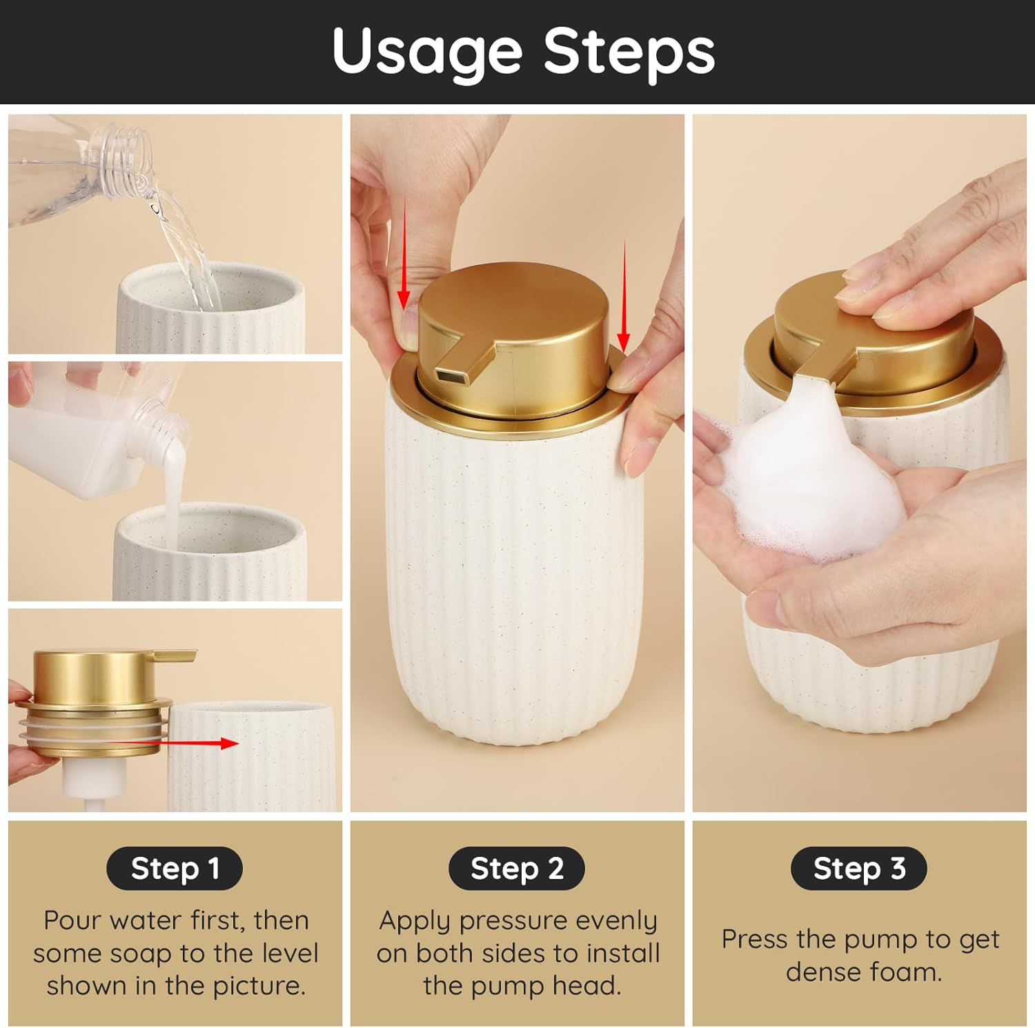 Segbeauty Foaming Soap Dispenser, 320Ml Hand Soap Dispenser Ceramic, Refillable Pump Bottle Dispenser, Foaming Hand Wash Dispenser with Gold Plastic Pump, for Kitchen Decor (White) image number 2