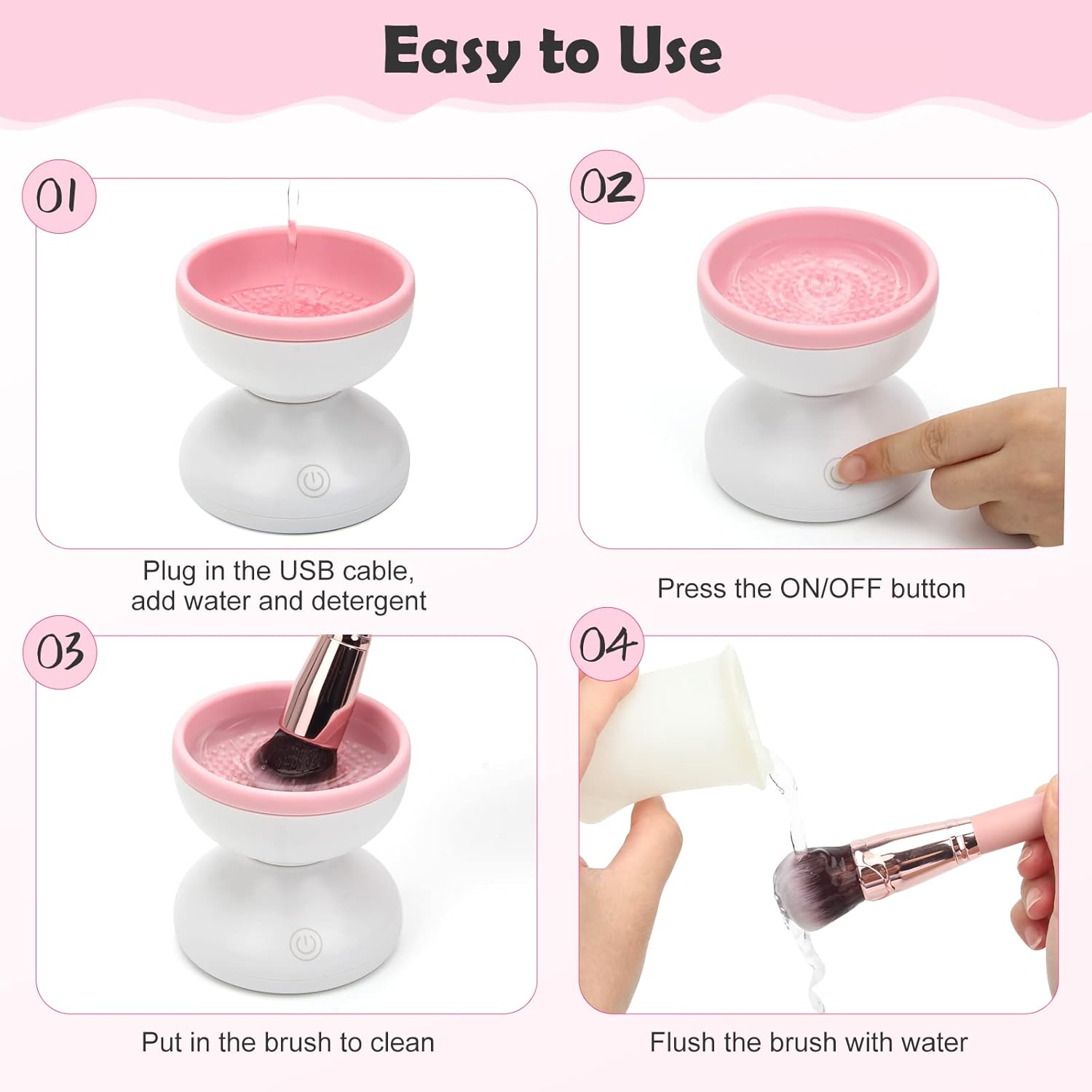 Electric Makeup Brush Cleaner Newest Design, Luxiv Wash Makeup Brush Cleaner Machine Fit for All Size Brushes Automatic Spinner Machine, Makeup Brush Beauty Blender Cleaner (White+Pink) image number 4